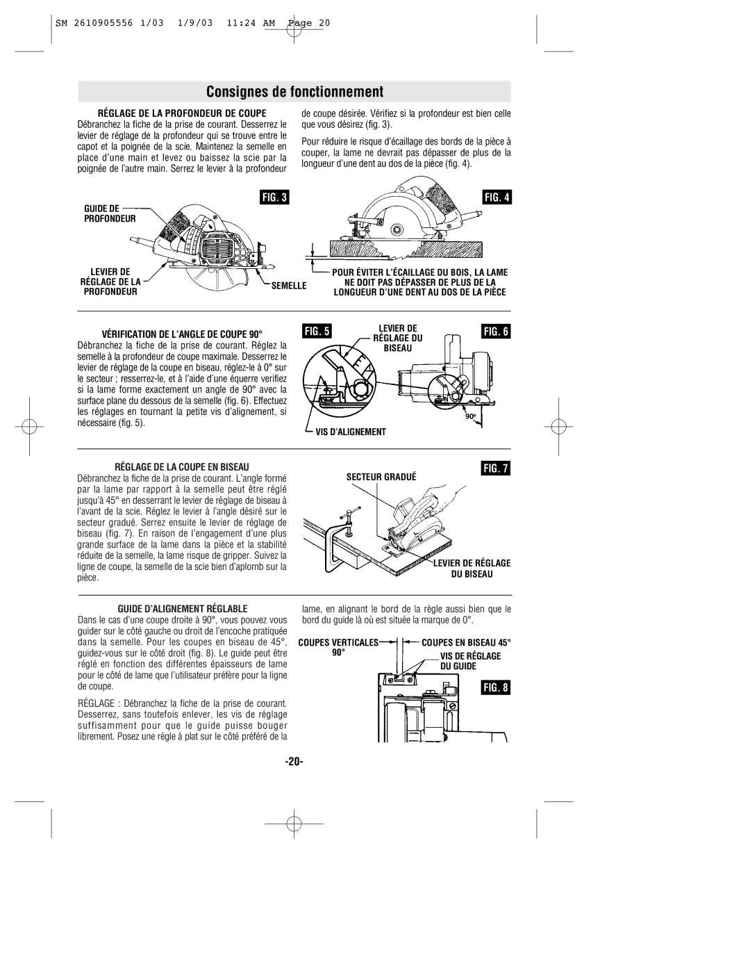 Skil HD5510 manual Consignes de fonctionnement, Réglage DE LA Profondeur DE Coupe, Vérification DE L’ANGLE DE Coupe 