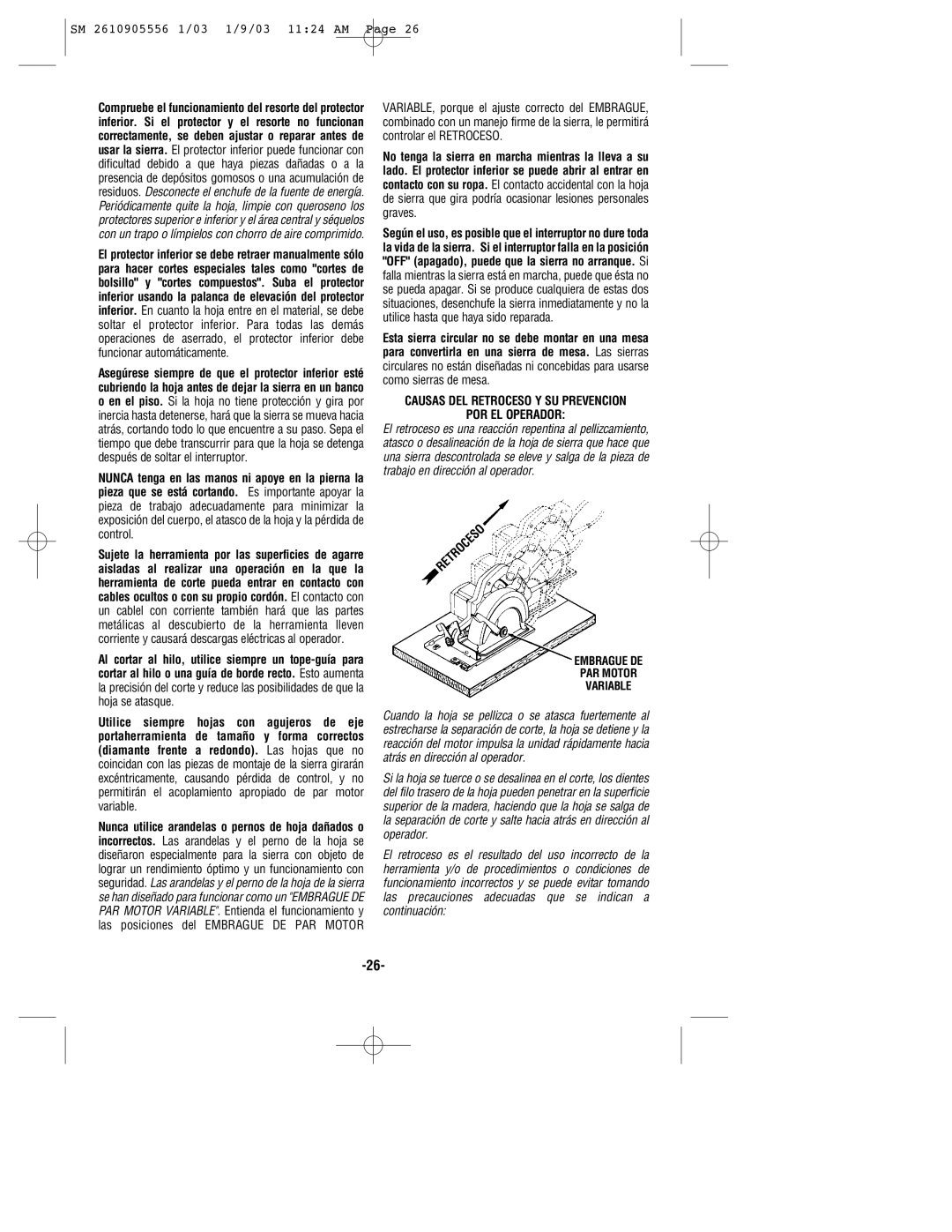 Skil HD5510 manual Causas DEL Retroceso Y SU Prevencion POR EL Operador, Embrague DE PAR Motor Variable 