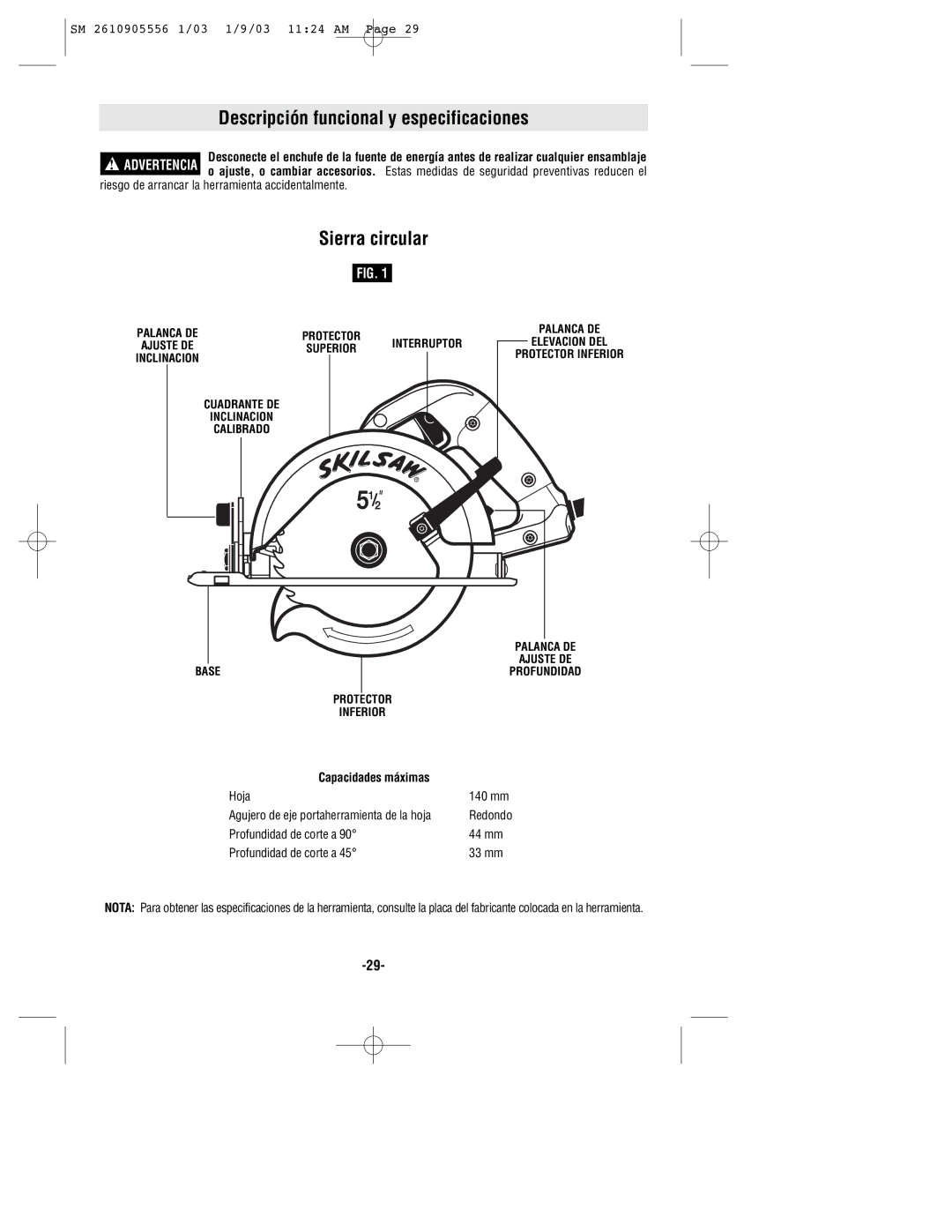 Skil HD5510 manual Descripción funcional y especificaciones, Sierra circular, Capacidades máximas 