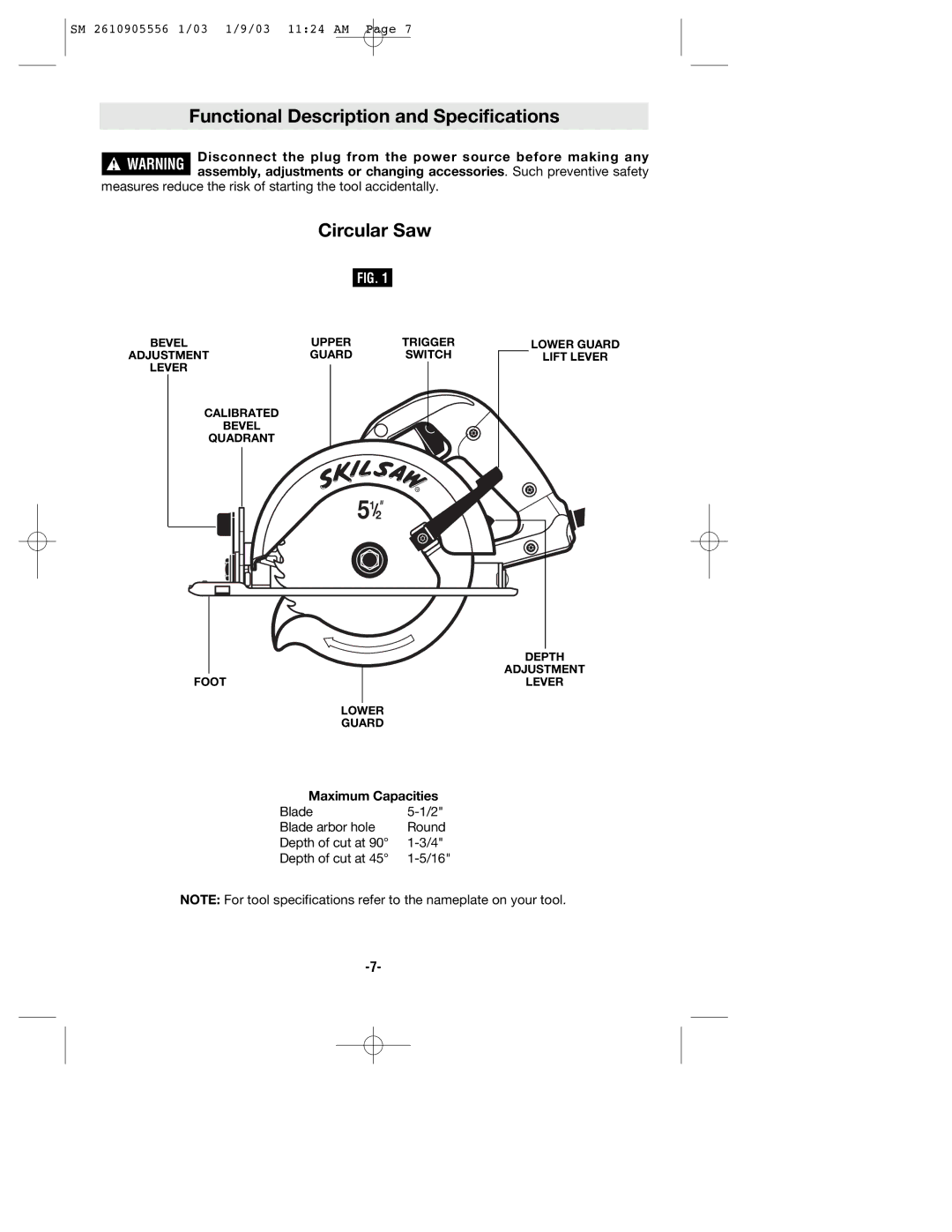 Skil HD5510 manual Functional Description and Specifications, Circular Saw, Maximum Capacities 