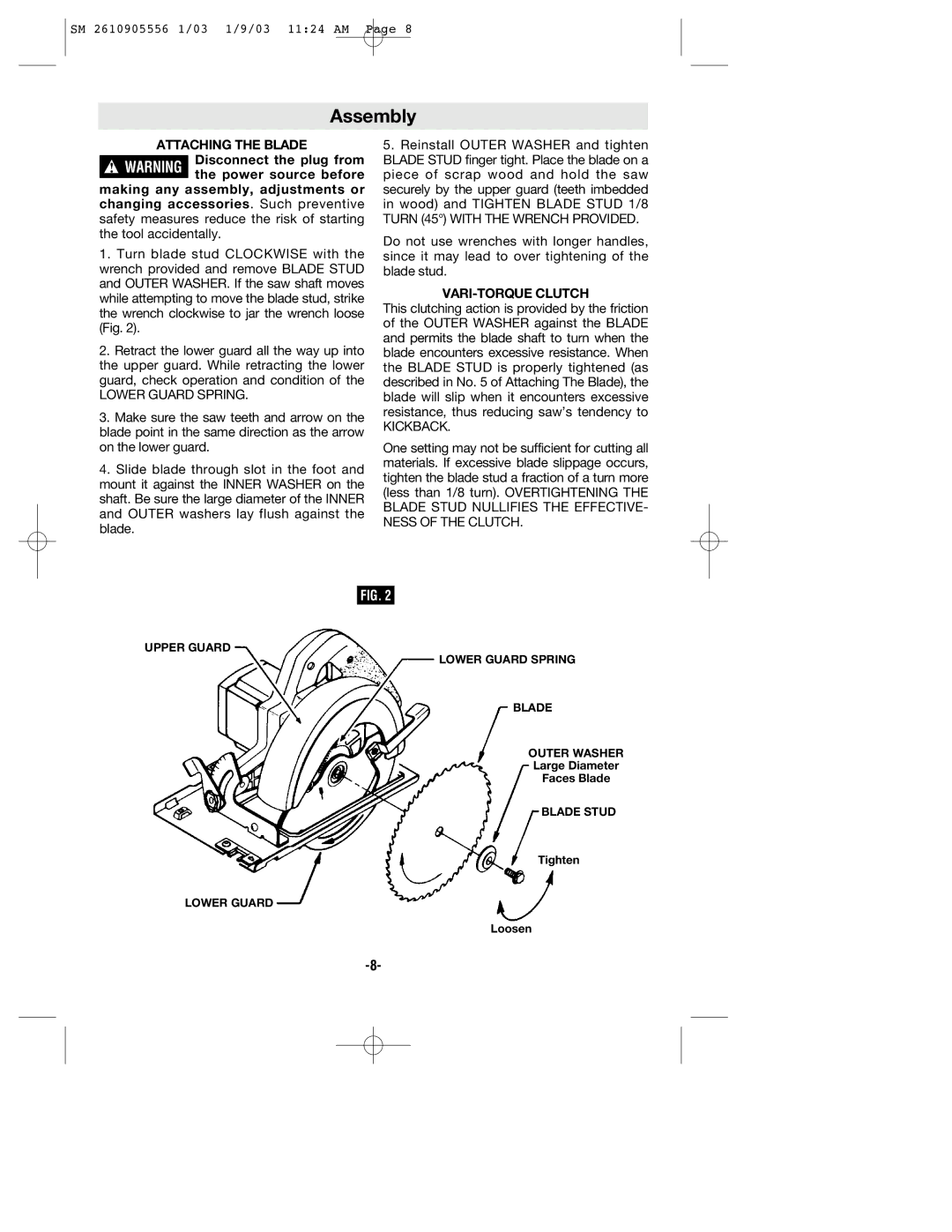 Skil HD5510 manual Assembly, Attaching the Blade, VARI-TORQUE Clutch 