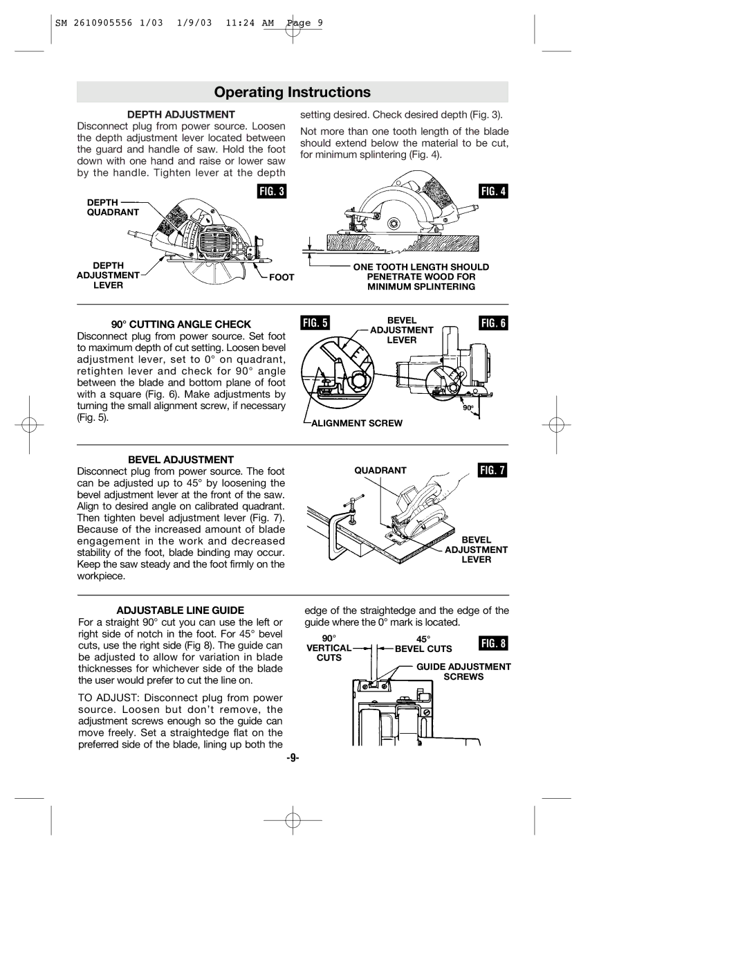 Skil HD5510 manual Operating Instructions, Depth Adjustment, Cutting Angle Check, Bevel Adjustment, Adjustable Line Guide 