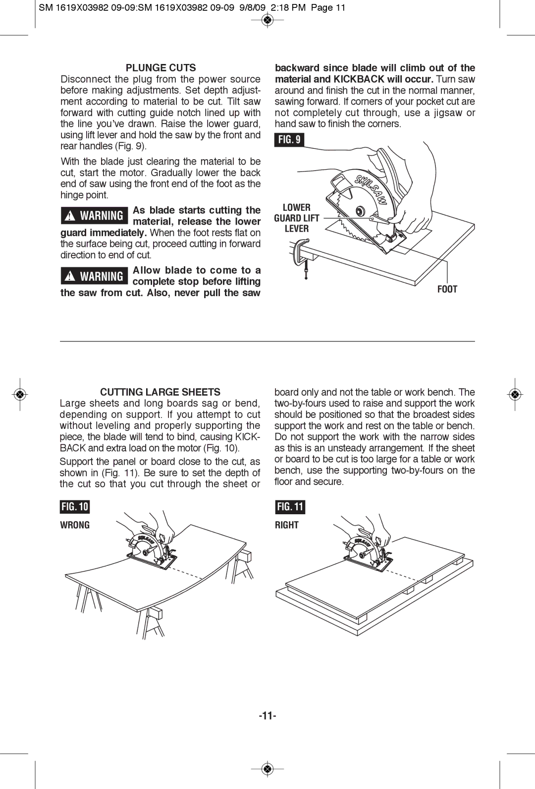 Skil HD5687M manual Plunge Cuts, Lower Guard Lift Lever Foot Cutting Large Sheets 