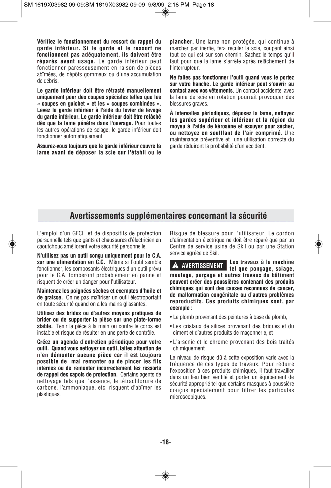 Skil HD5687M manual Avertissements supplémentaires concernant la sécurité, Le plomb provenant des peintures à base de plomb 