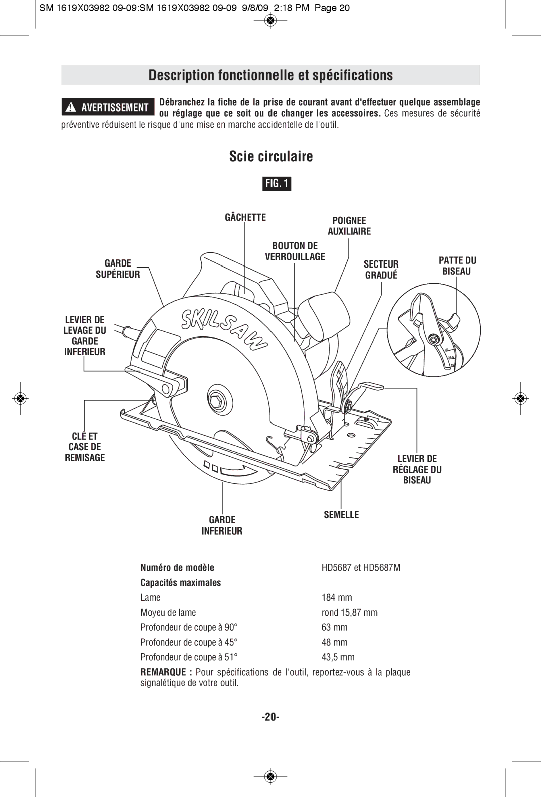 Skil HD5687M Description fonctionnelle et spécifications, Scie circulaire, Gâchette, Levier DE Levage DU Garde Inferieur 