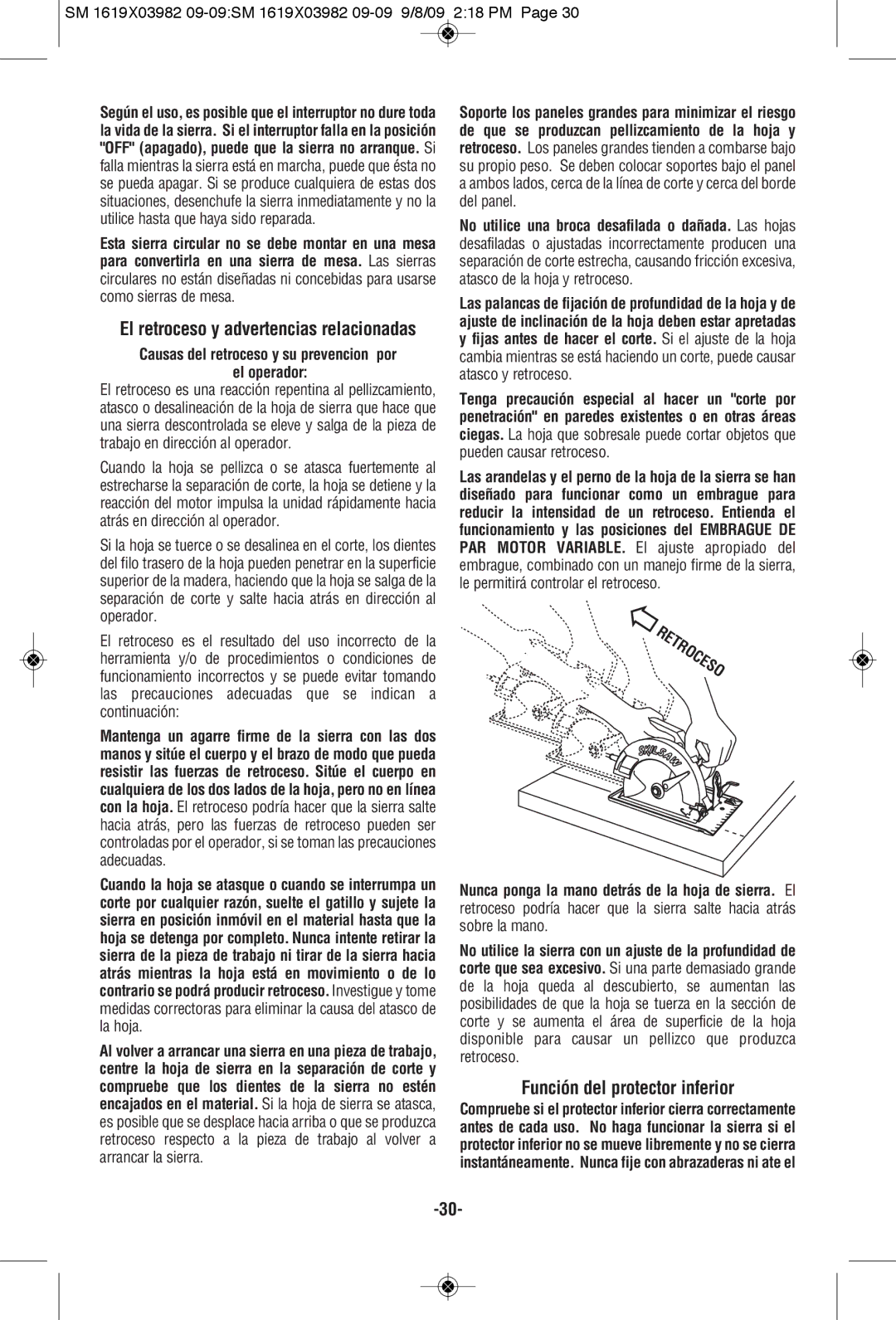 Skil HD5687M manual Función del protector inferior, El retroceso y advertencias relacionadas, El operador 