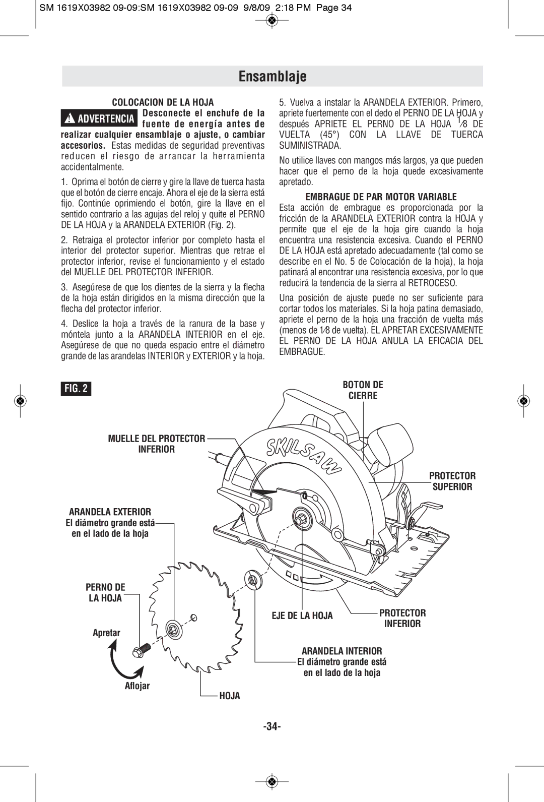 Skil HD5687M manual Ensamblaje, Embrague DE PAR Motor Variable, Muelle DEL Protector Inferior, Perno DE LA Hoja 