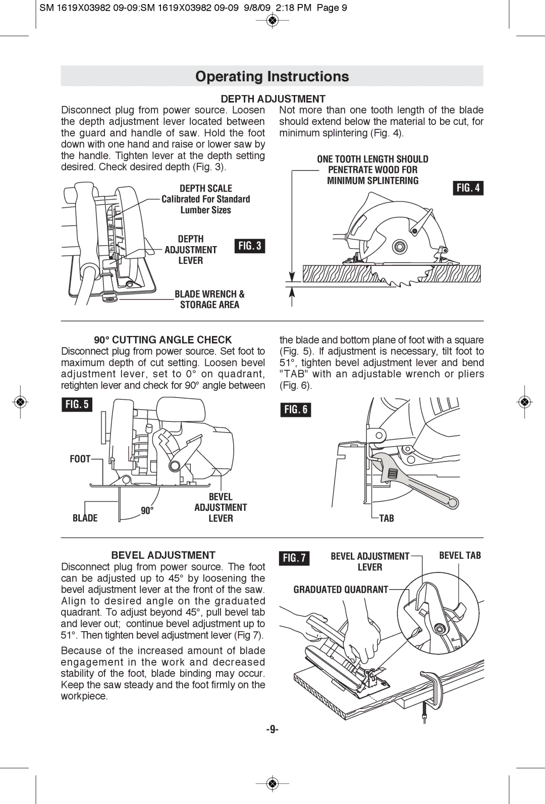 Skil HD5687M manual Operating Instructions, Depth Scale, Tab, Graduated Quadrant Bevel TAB 