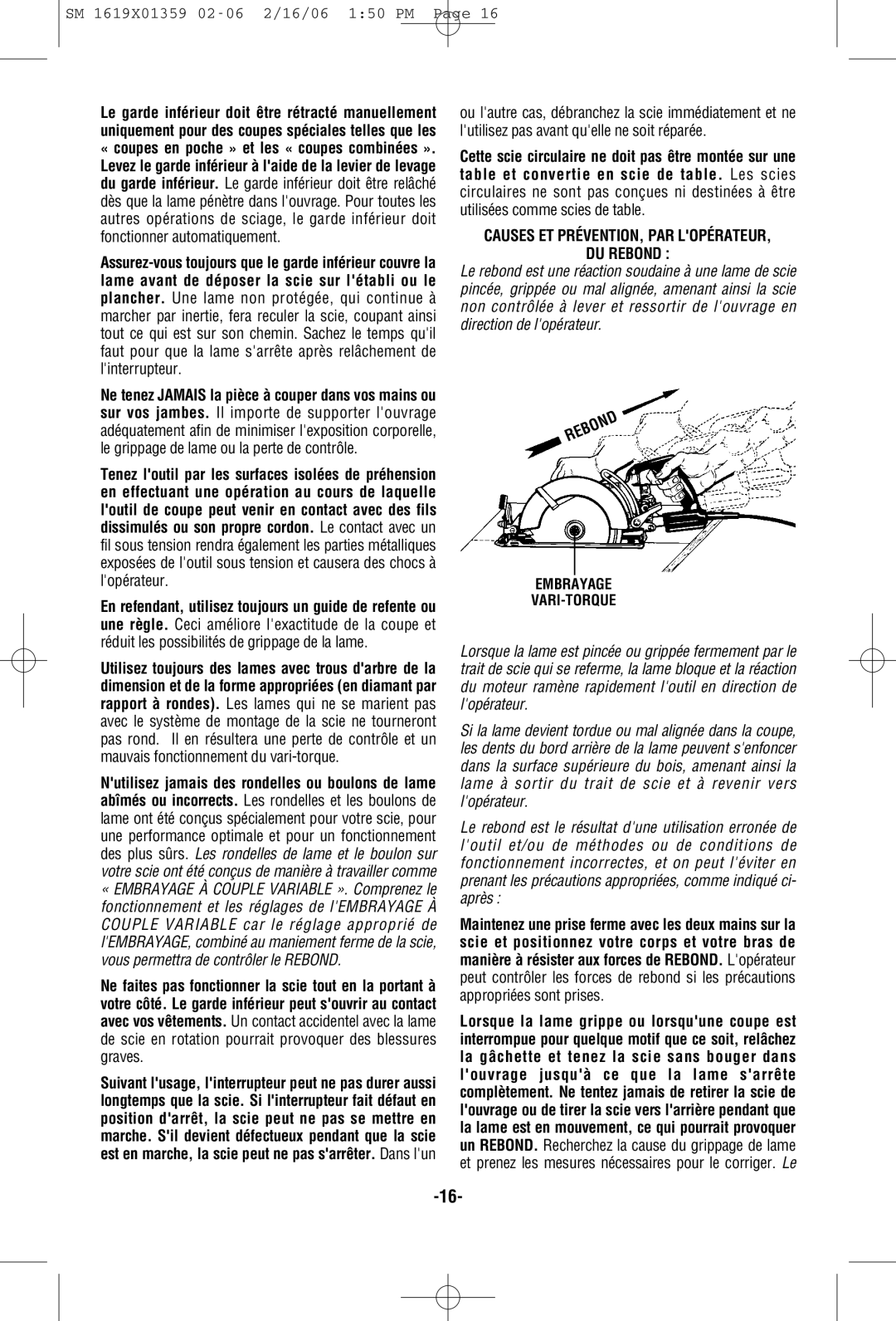 Skil HD5860 manual Causes ET PRÉVENTION, PAR Lopérateur DU Rebond, Ebon Embrayage VARI-TORQUE 