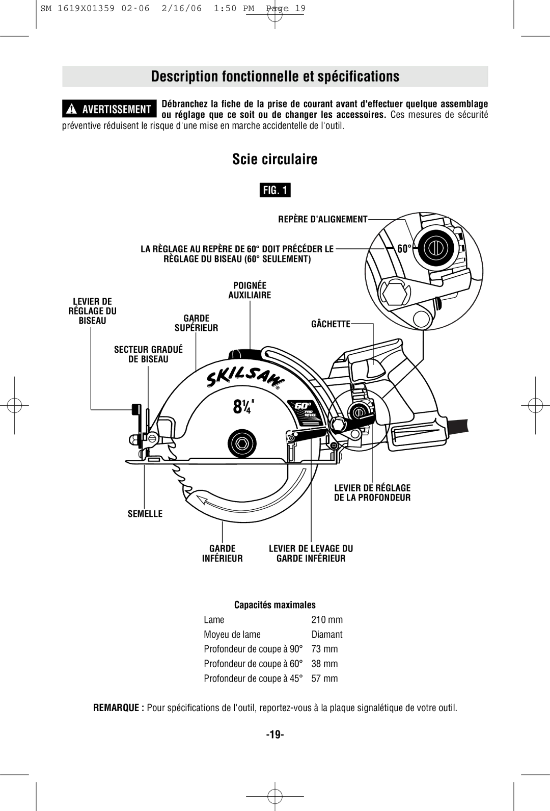 Skil HD5860 manual Description fonctionnelle et spécifications, Scie circulaire, Capacités maximales 