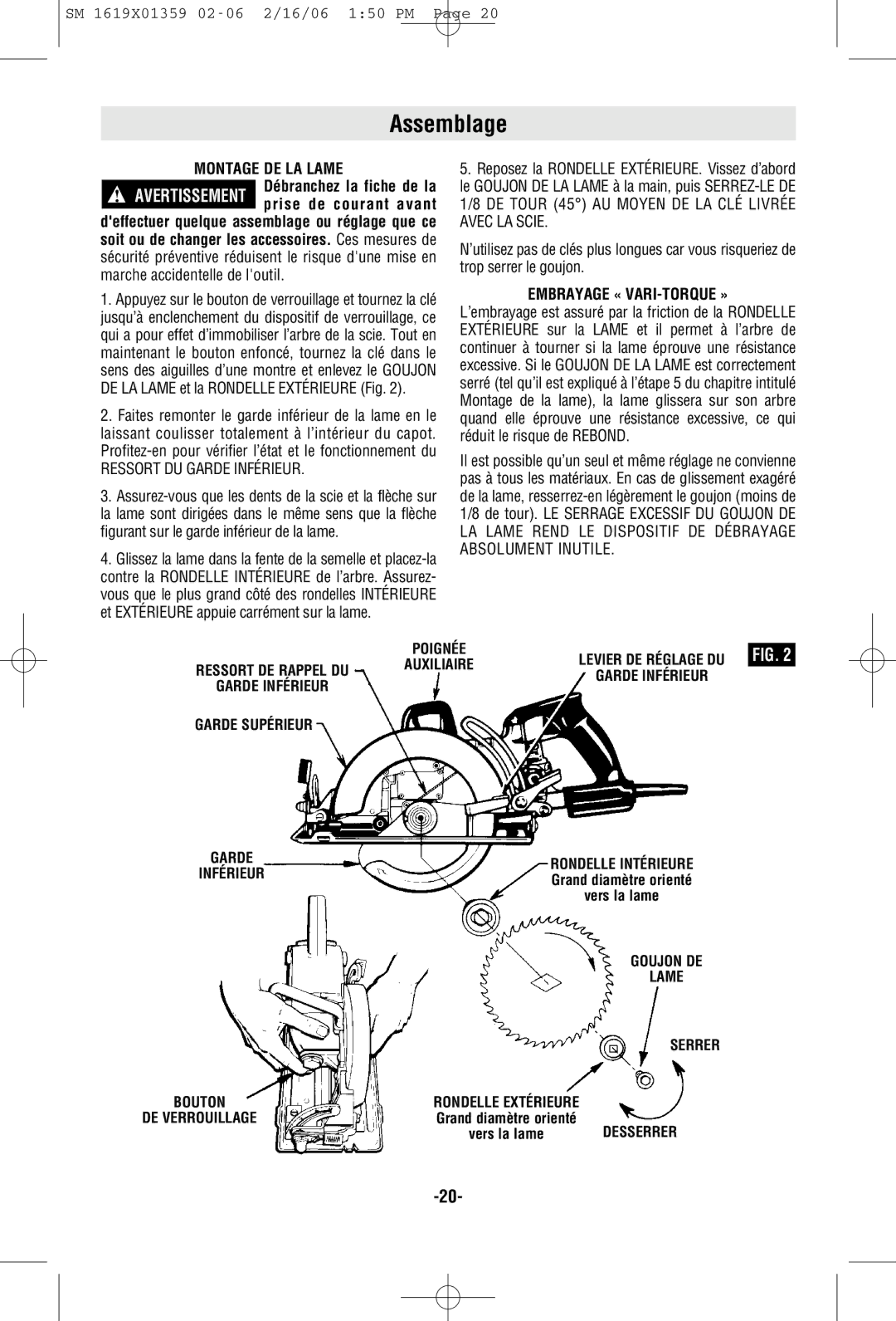 Skil HD5860 manual Assemblage, Montage DE LA Lame, Embrayage « VARI-TORQUE » 