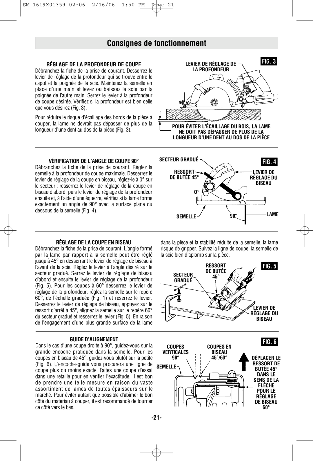 Skil HD5860 manual Consignes de fonctionnement, Réglage DE LA Profondeur DE Coupe, Vérification DE L’ANGLE DE Coupe 