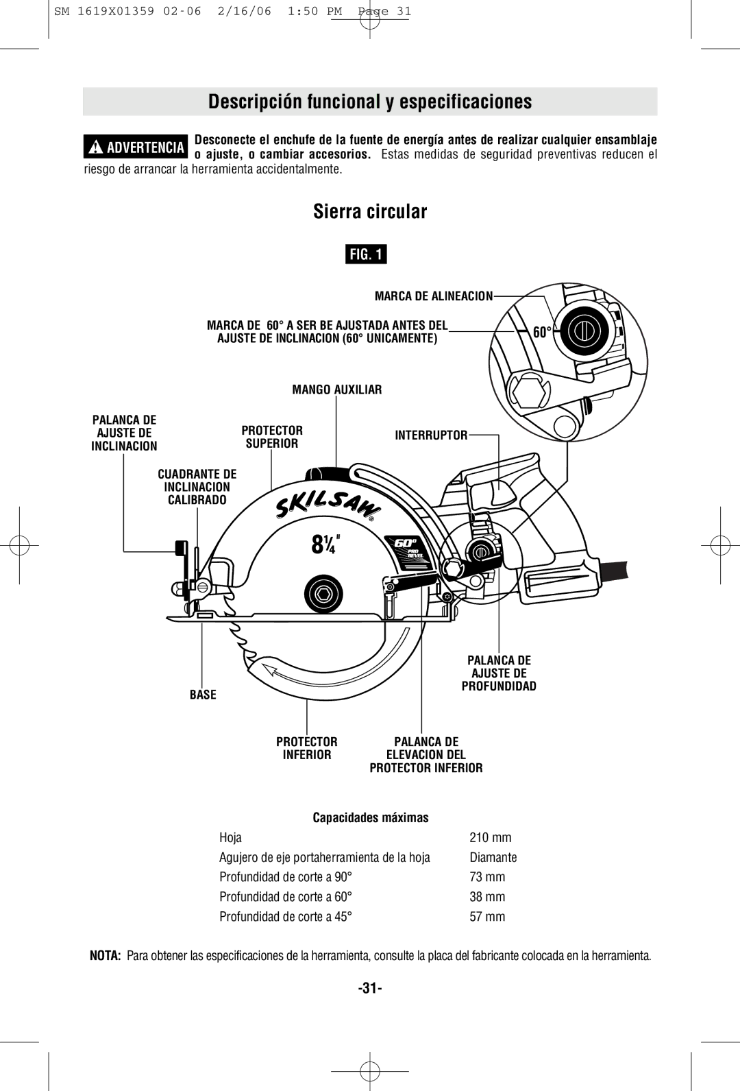 Skil HD5860 manual Descripción funcional y especificaciones, Sierra circular, Capacidades máximas 