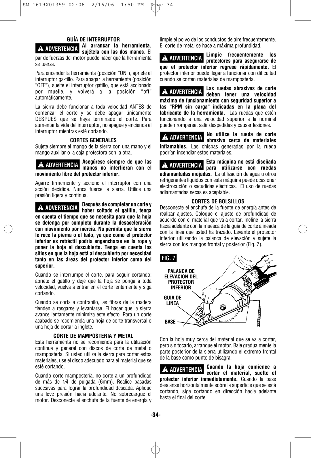 Skil HD5860 Guía DE Interruptor, Cortes Generales, Movimiento libre del protector inferior, Corte DE Mamposteria Y Metal 