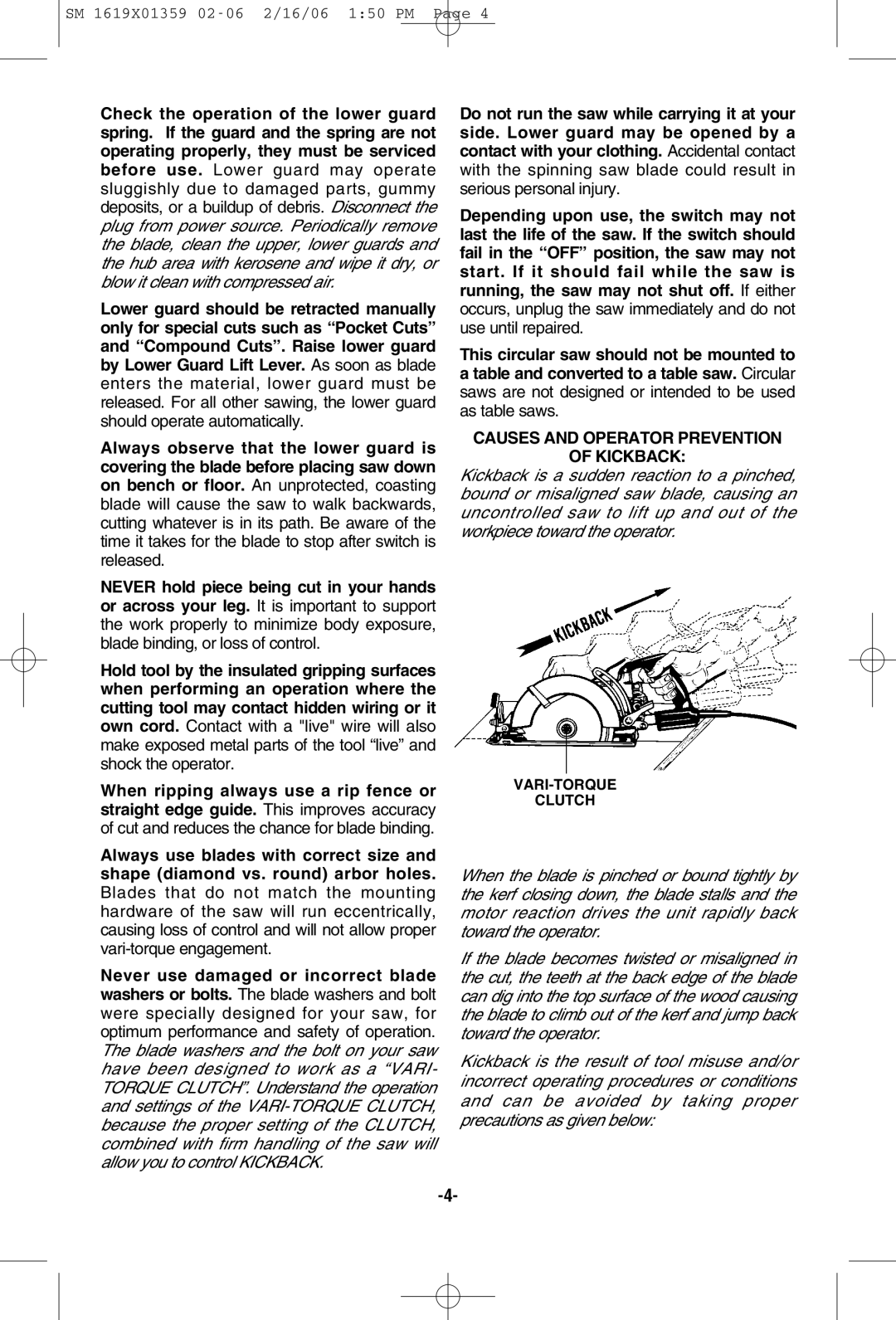 Skil HD5860 manual Causes and Operator Prevention Kickback, VARI-TORQUE Clutch 