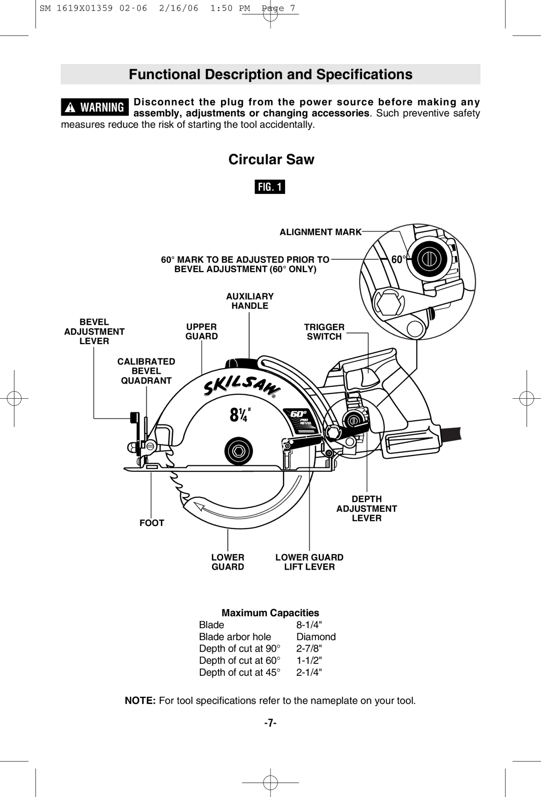 Skil HD5860 Functional Description and Specifications, Circular Saw, Maximum Capacities, Quadrant Depth Adjustment Foot 