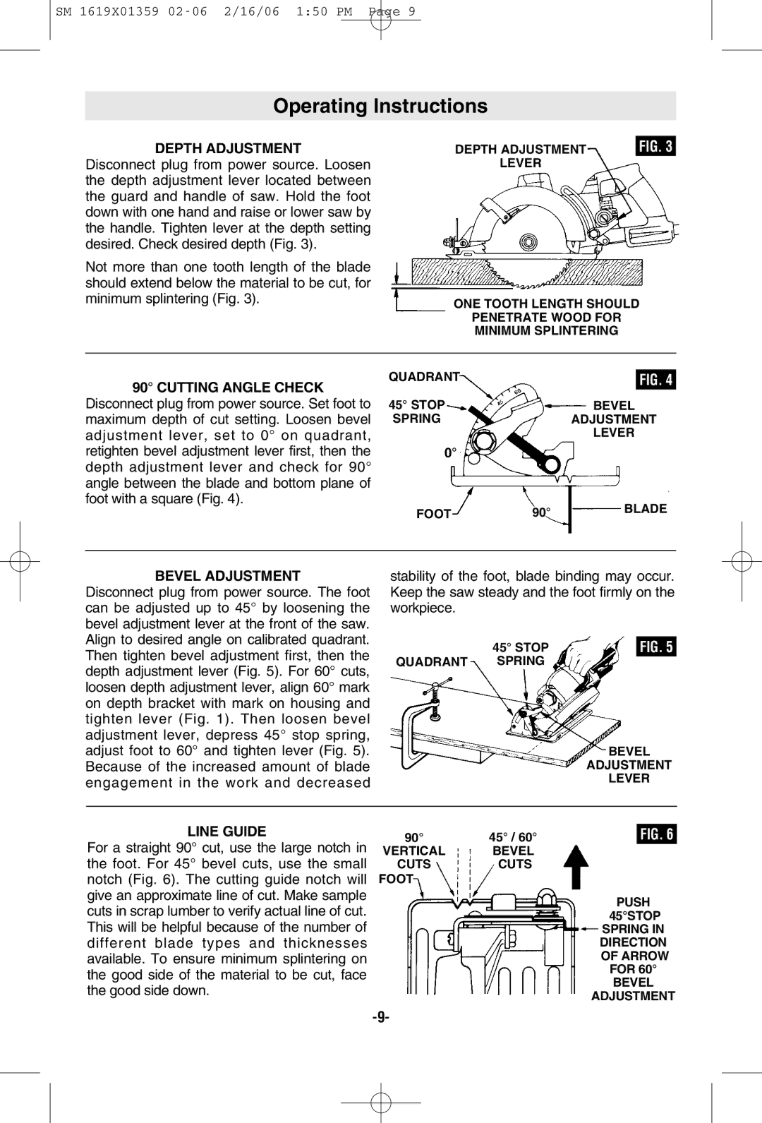 Skil HD5860 manual Operating Instructions, Depth Adjustment, Cutting Angle Check, Bevel Adjustment, Line Guide 