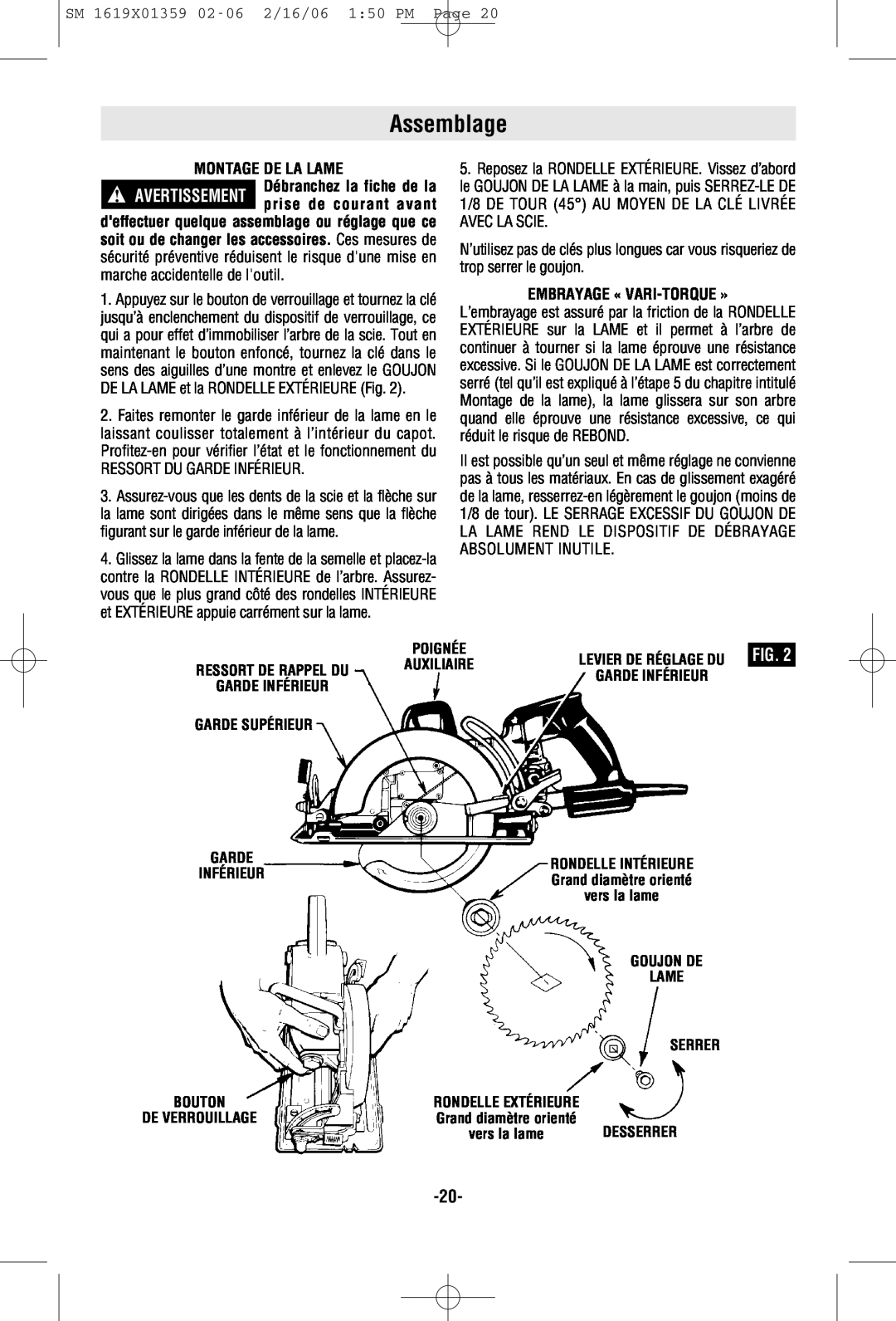 Skil HD5860 manual Assemblage, Montage De La Lame, Embrayage « Vari-Torque», Fig 