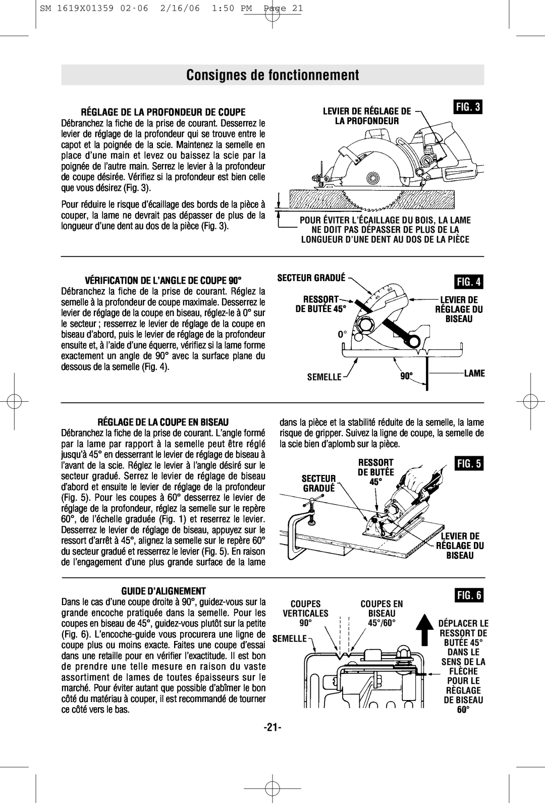 Skil HD5860 manual Consignes de fonctionnement, Réglage De La Profondeur De Coupe, Vérification De L’Angle De Coupe, Fig 