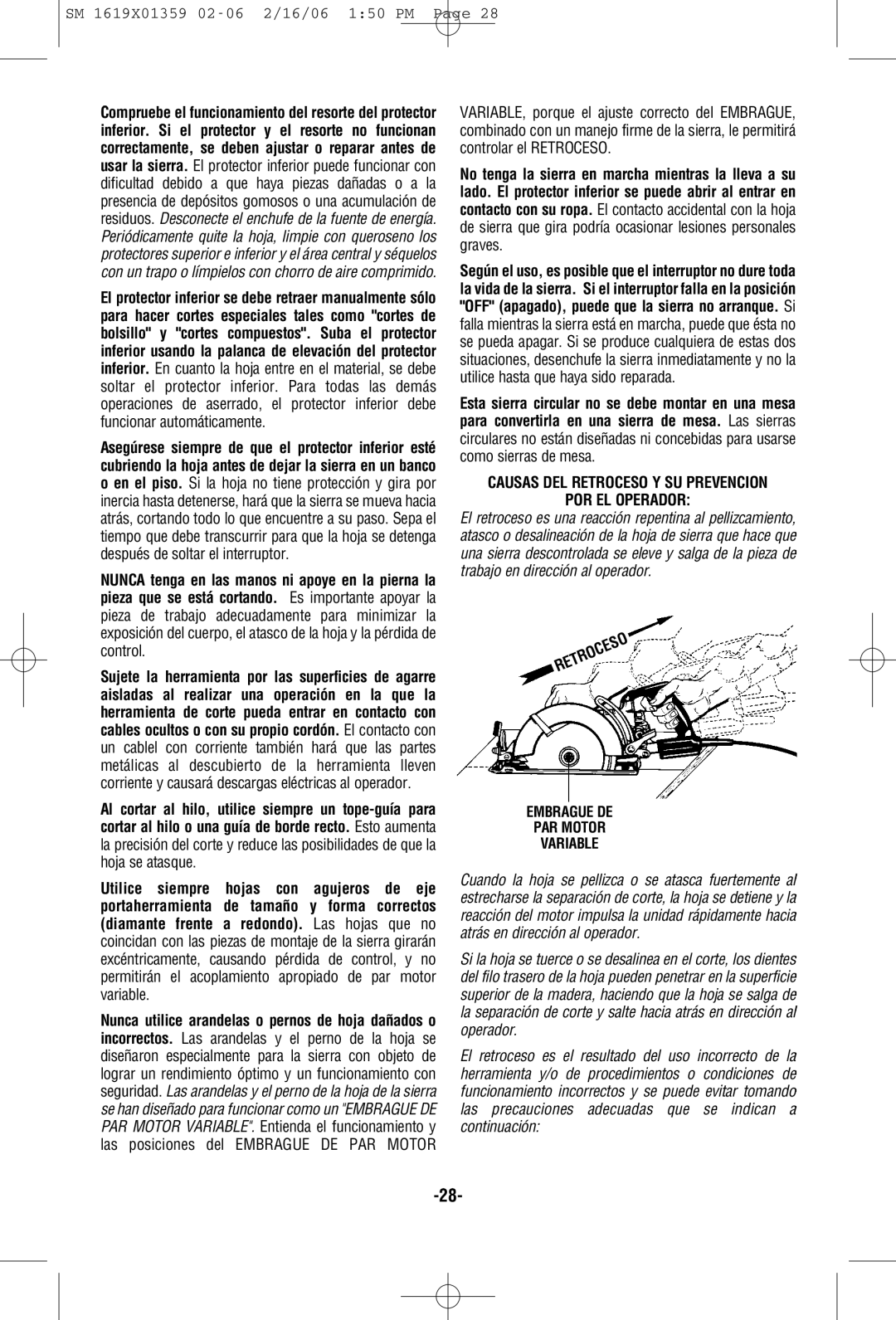 Skil HD5860 manual Causas Del Retroceso Y Su Prevencion, Por El Operador, SM 1619X01359 02-062/16/06 1 50 PM Page 