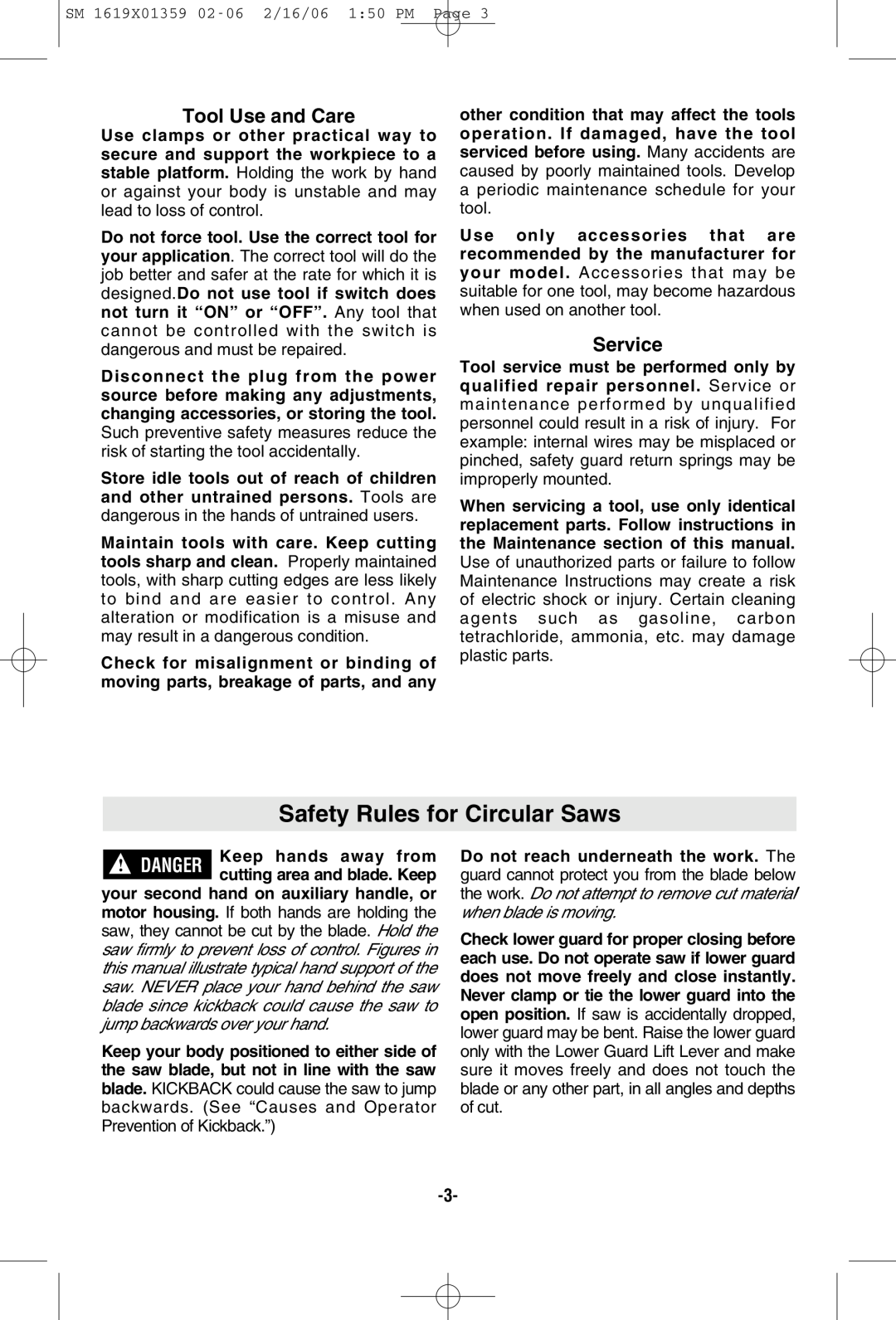 Skil HD5860 manual Safety Rules for Circular Saws, Tool Use and Care, Service 