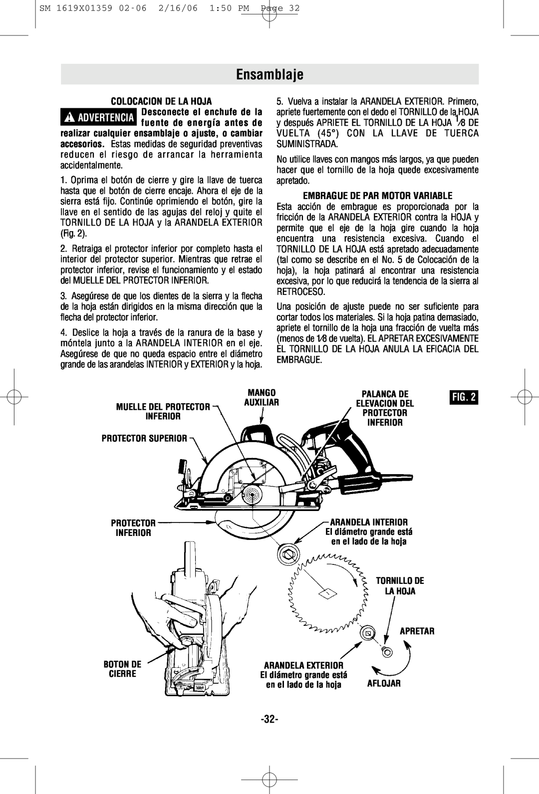 Skil HD5860 manual Ensamblaje, Colocacion De La Hoja, Embrague De Par Motor Variable 