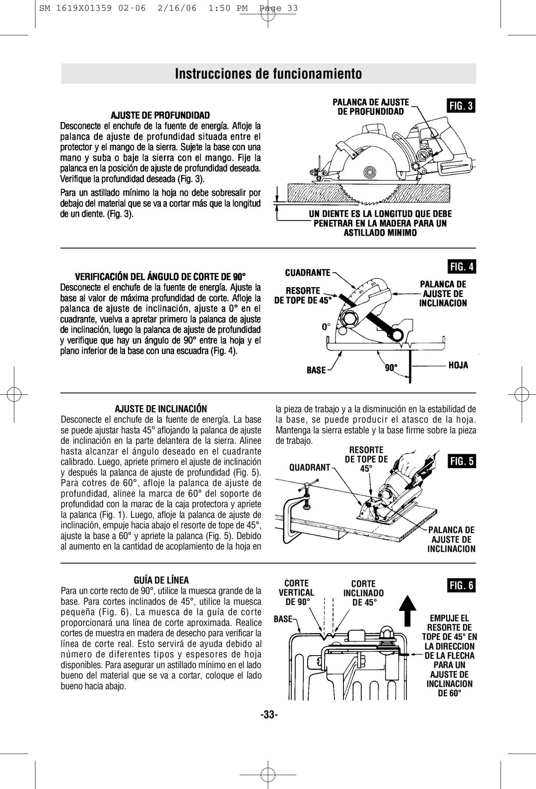 Skil HD5860 manual Instrucciones de funcionamiento, Ajuste De Profundidad, Ajuste De Inclinación, Guía De Línea 