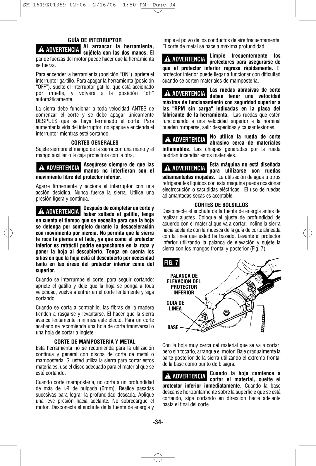 Skil HD5860 Guía De Interruptor, Cortes Generales, movimiento libre del protector inferior, Corte De Mamposteria Y Metal 
