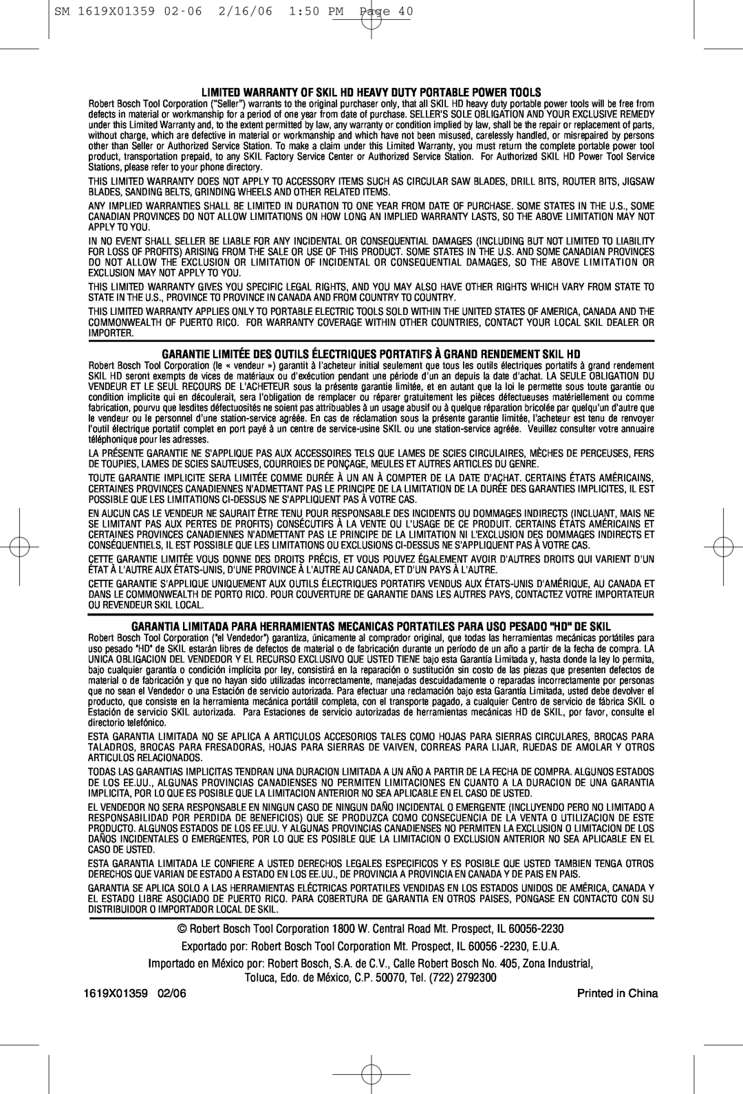 Skil HD5860 manual SM 1619X01359 02-062/16/06 1:50 PM Page, Toluca, Edo. de México, C.P. 50070, Tel. 722, 1619X01359 02/06 