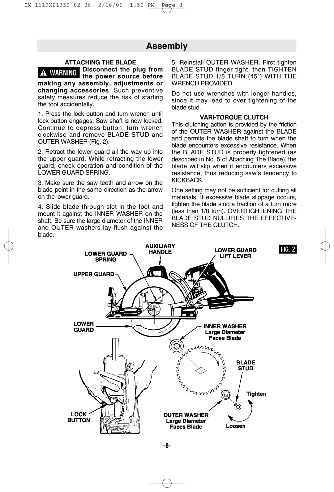Skil HD5860 manual Assembly, Attaching The Blade, Vari-Torqueclutch 