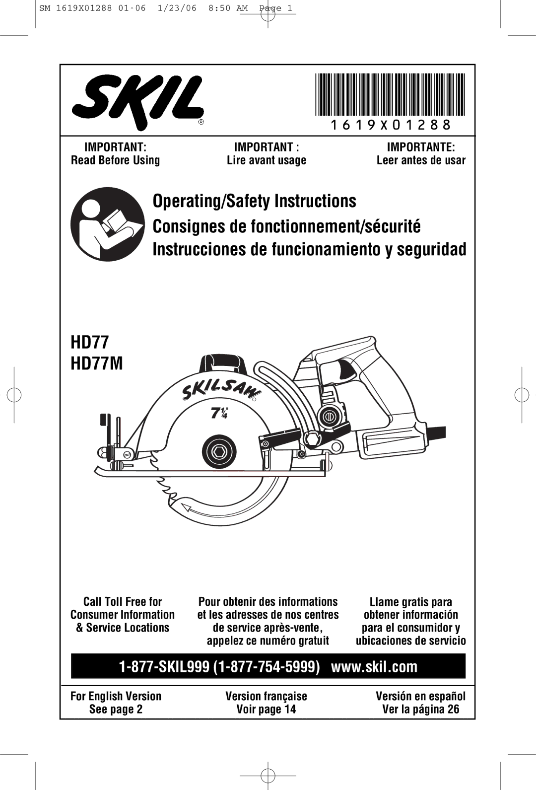 Skil HD77M manual Importante, Read Before Using Lire avant usage, Call Toll Free for, See Voir Ver la página 