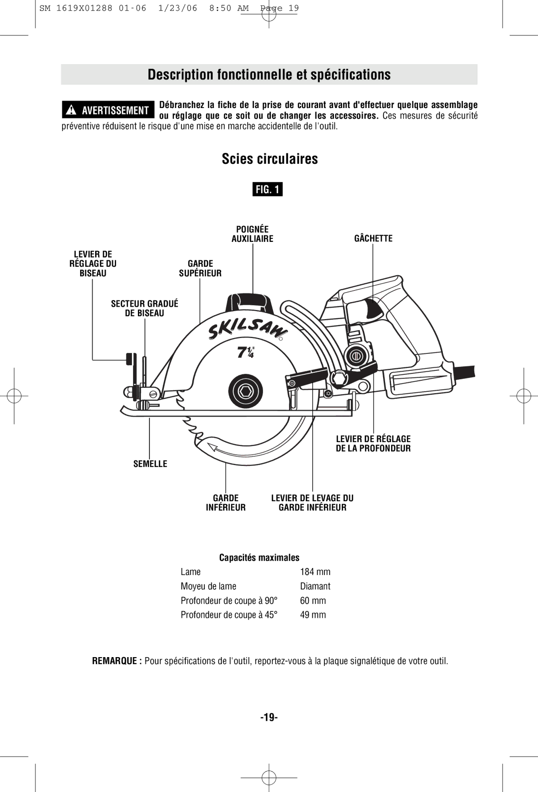 Skil HD77M manual Description fonctionnelle et spécifications, Scies circulaires, Semelle 