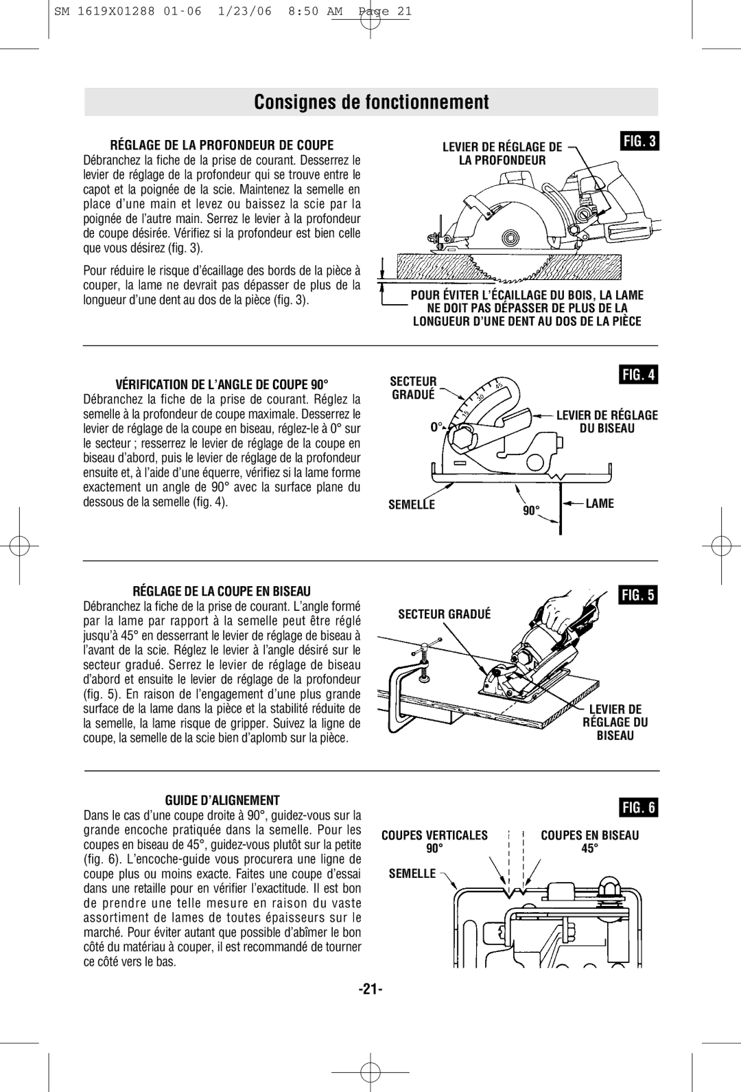 Skil HD77M manual Consignes de fonctionnement, Réglage DE LA Profondeur DE Coupe, Vérification DE L’ANGLE DE Coupe 