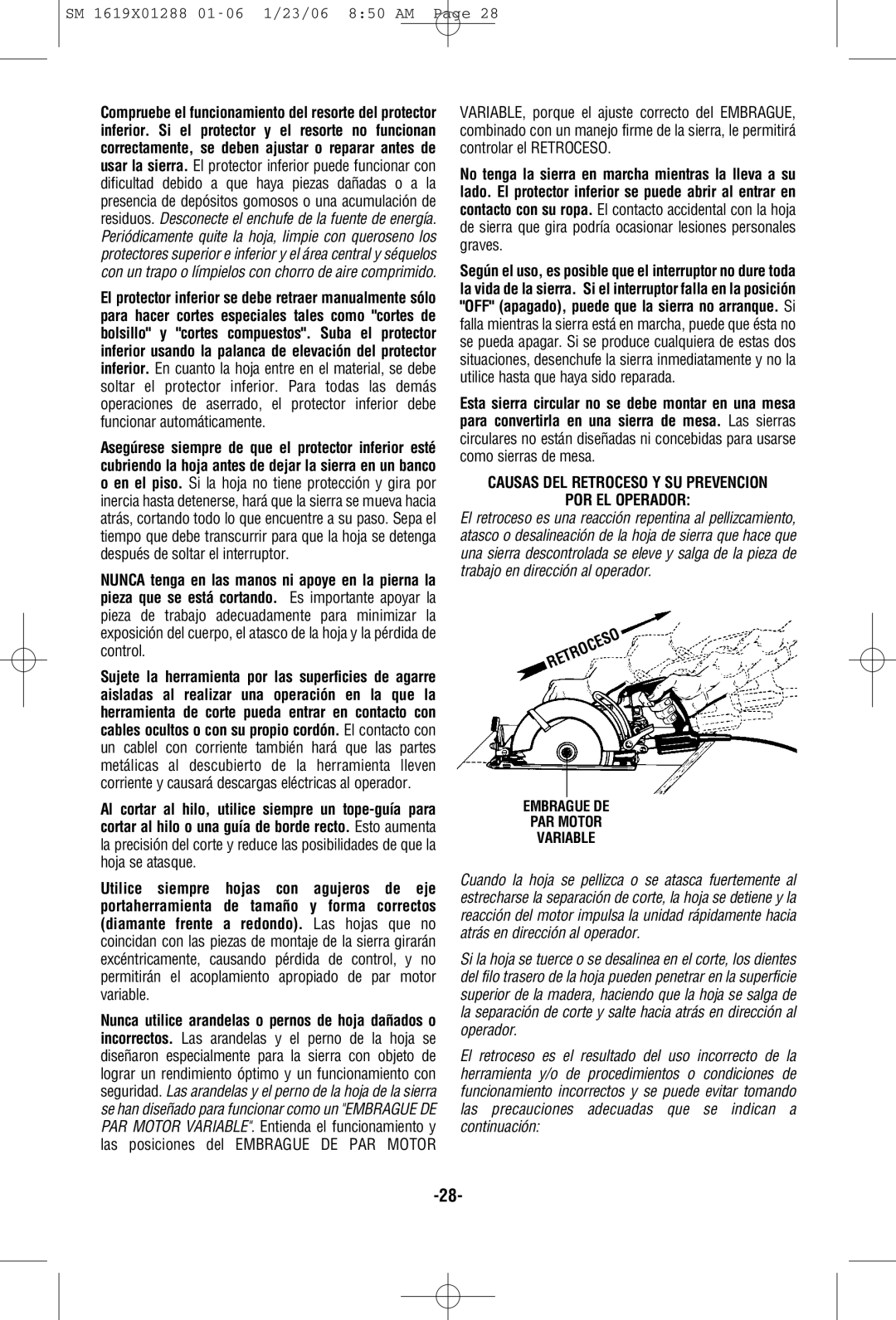 Skil HD77M manual Causas DEL Retroceso Y SU Prevencion POR EL Operador, Embrague DE PAR Motor Variable 