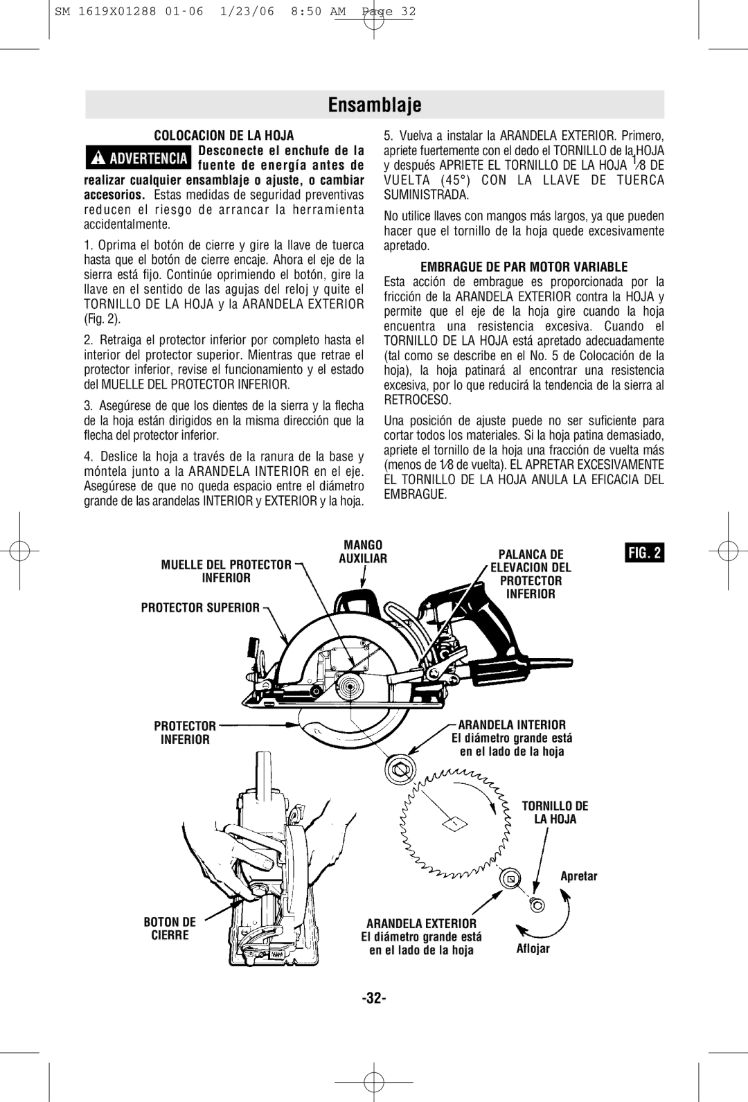 Skil HD77M manual Ensamblaje, Colocacion DE LA Hoja, Embrague DE PAR Motor Variable, Protector Superior 