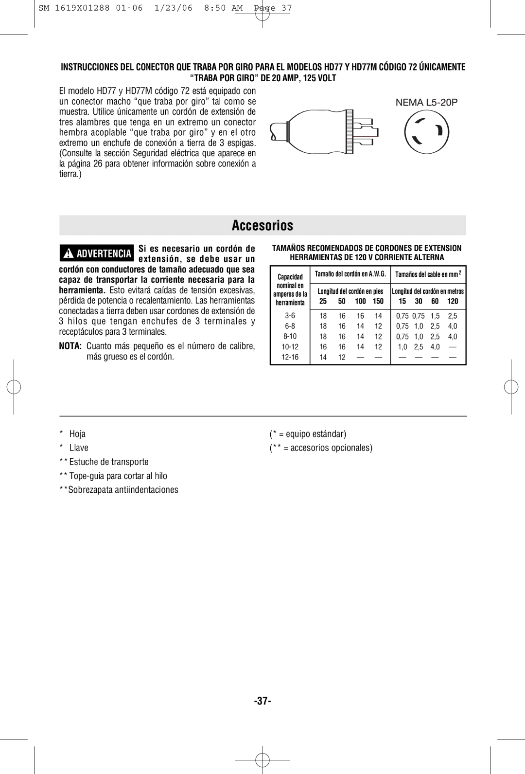 Skil HD77M manual Accesorios, Traba POR Giro DE 20 AMP, 125 Volt 