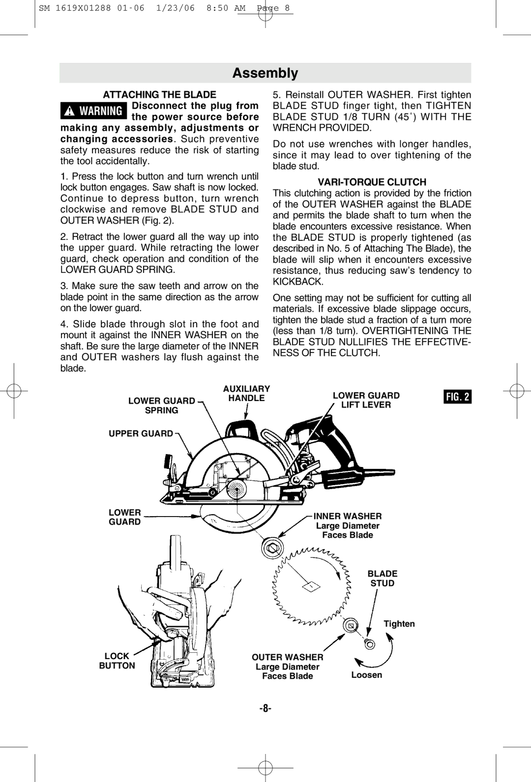 Skil HD77M manual Assembly, Attaching the Blade, VARI-TORQUE Clutch 