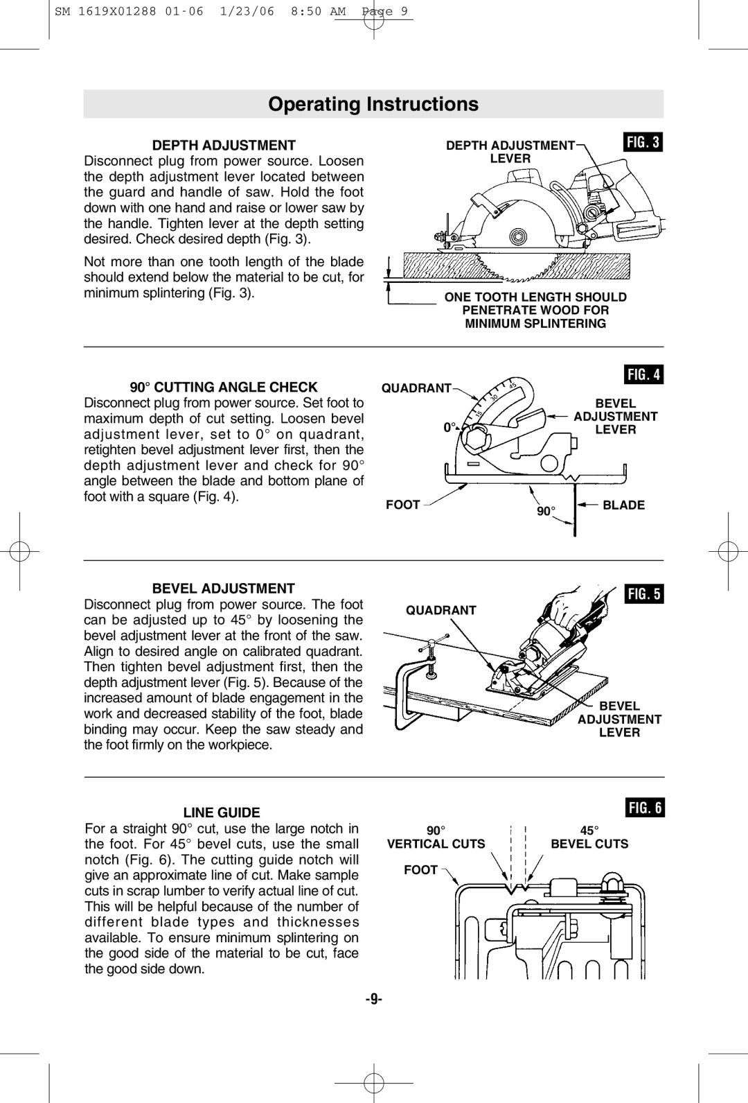 Skil HD77M manual Operating Instructions, Depth Adjustment, Cutting Angle Check, Bevel Adjustment, Line Guide 