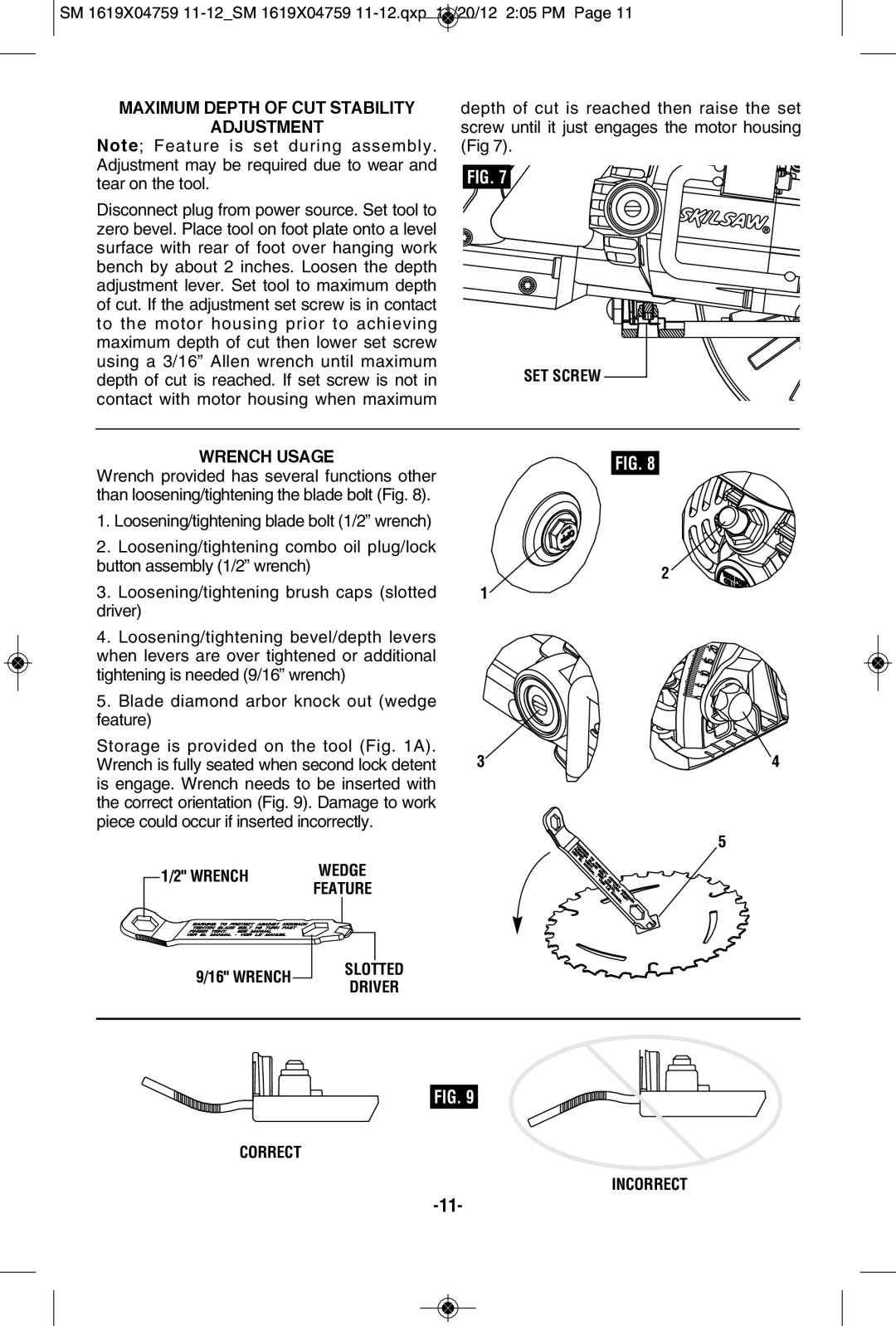 Skil MAG77LT manual Maximum Depth of CUT Stability, SET Screw Wrench Usage, Slotted Driver Correct Incorrect 