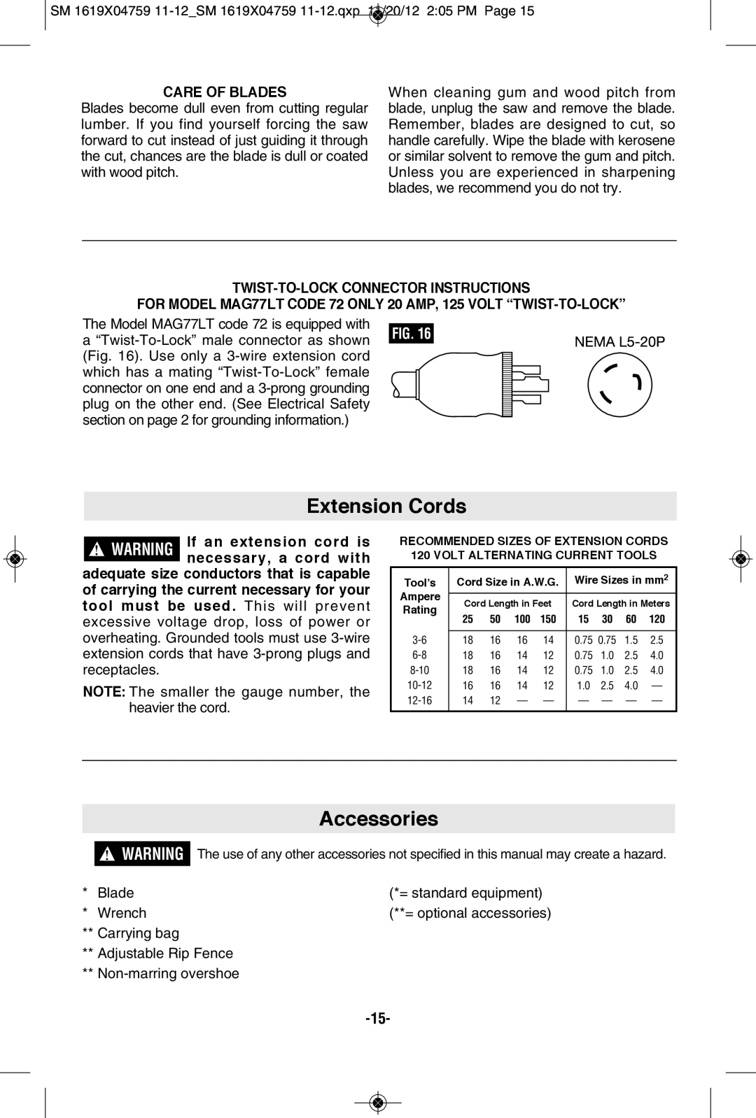 Skil MAG77LT manual Extension Cords, Accessories, Care of Blades 