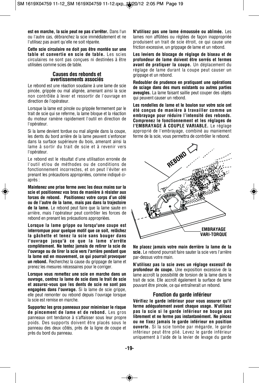 Skil MAG77LT manual Fonction du garde inférieur, Embrayage VARI-TORQUE 