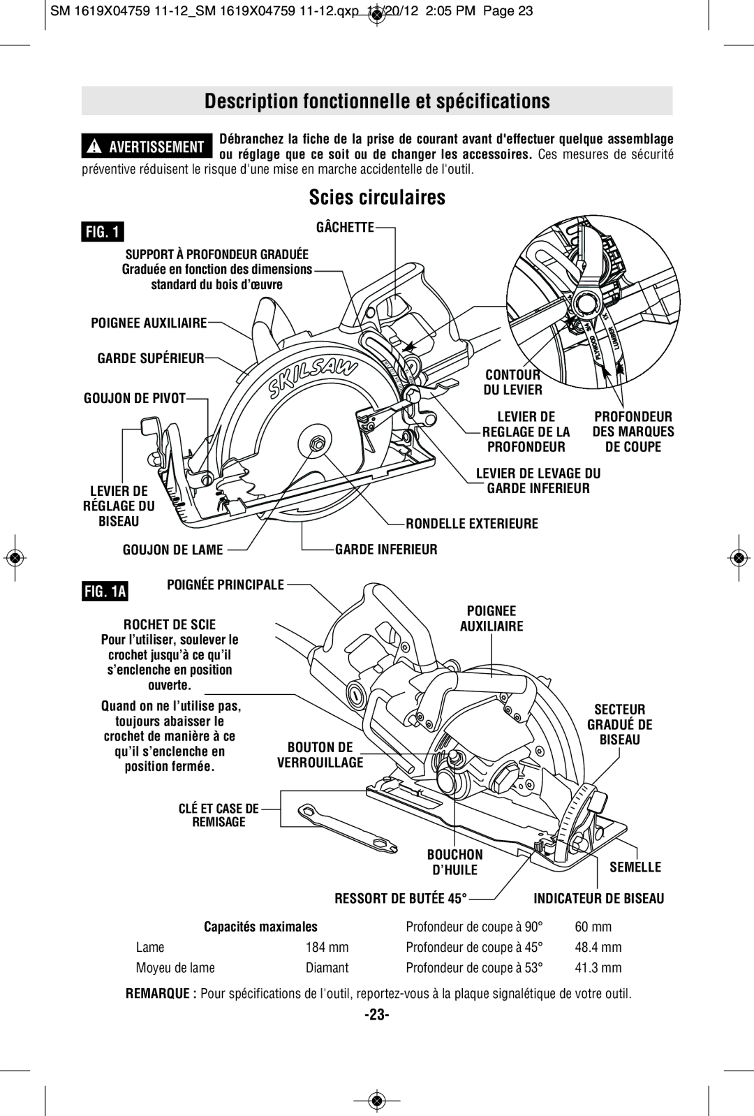 Skil MAG77LT manual Description fonctionnelle et spécifications, Scies circulaires, Ressort DE Butée 