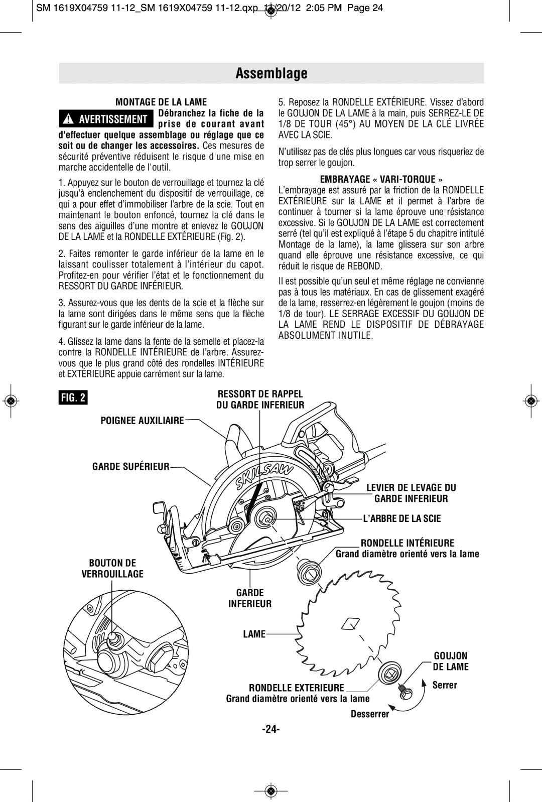 Skil MAG77LT manual Assemblage, Embrayage « VARI-TORQUE », ’ARBRE DE LA Scie, Lame Goujon DE Lame Rondelle Exterieure 