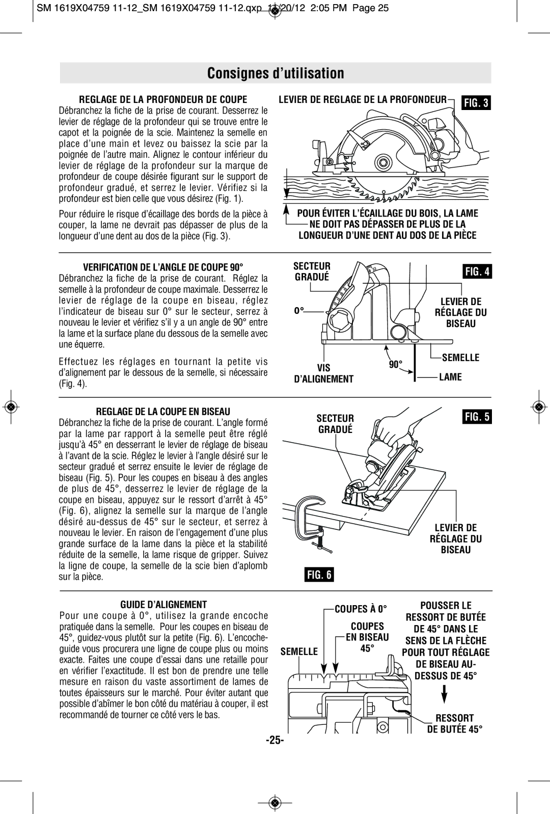 Skil MAG77LT Consignes d’utilisation, Reglage DE LA Profondeur DE Coupe, Levier DE Reglage DE LA Profondeur FIG, Coupes À 