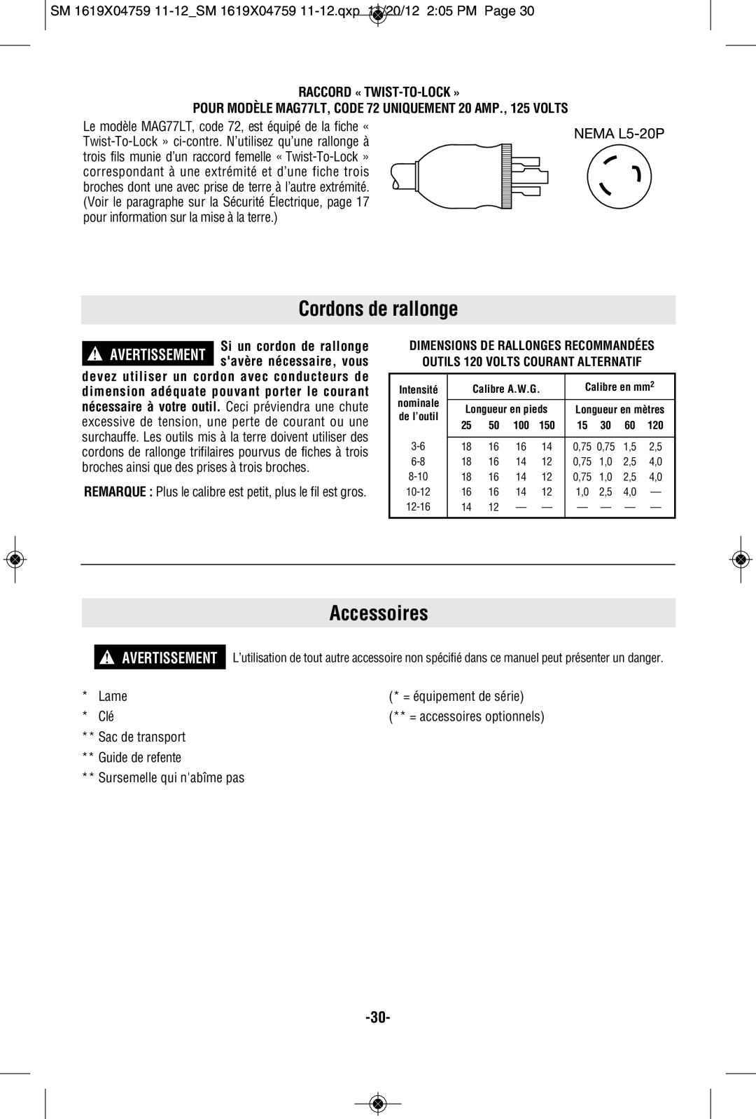 Skil MAG77LT manual Cordons de rallonge, Accessoires, Lame = équipement de série Clé 