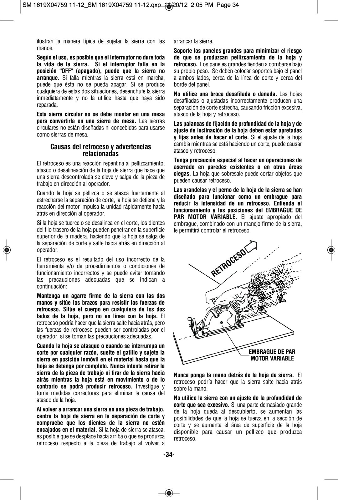 Skil MAG77LT manual Relacionadas, Arrancar la sierra, Embrague DE PAR Motor Variable 