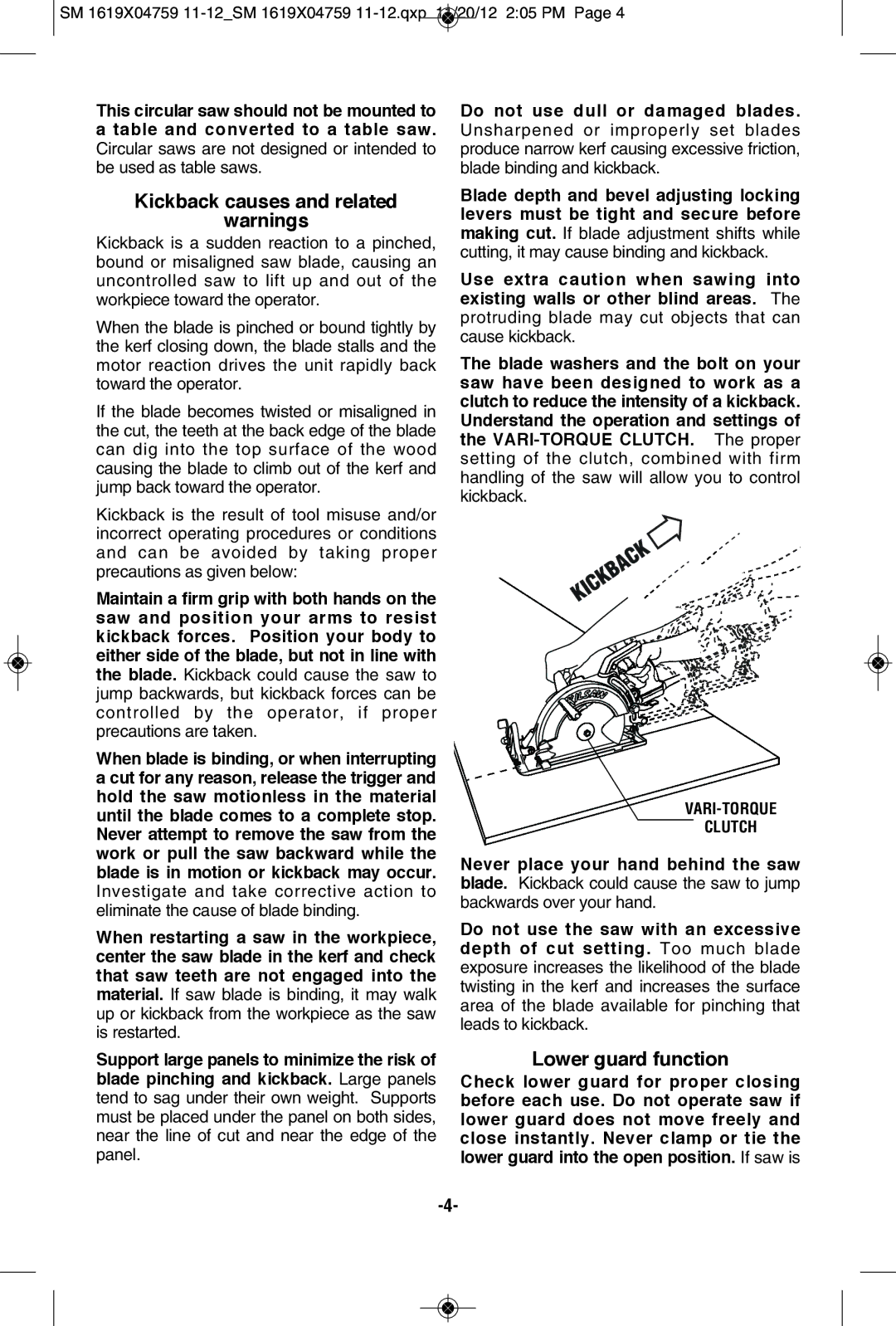 Skil MAG77LT manual Kickback causes and related, Lower guard function, VARI-TORQUE Clutch 