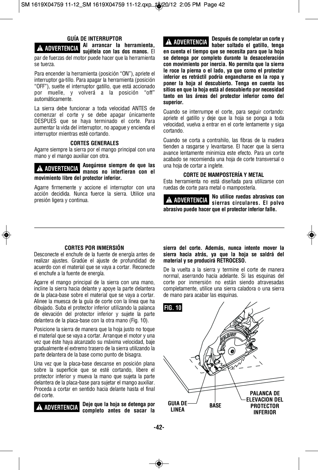 Skil MAG77LT manual Guía DE Interruptor, Cortes Generales, Corte DE Mampostería Y Metal, Cortes POR Inmersión 