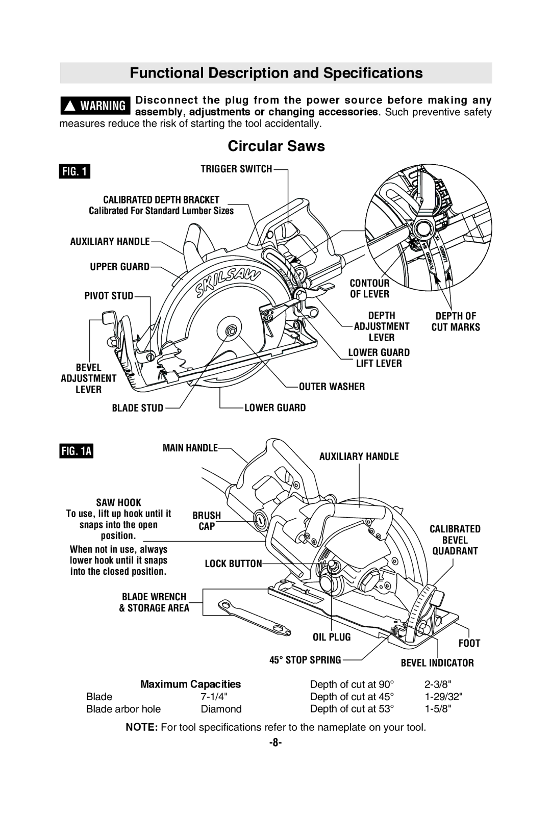 Skil MAG77LT manual Functional Description and Specifications, Circular Saws, Calibrated Depth Bracket 