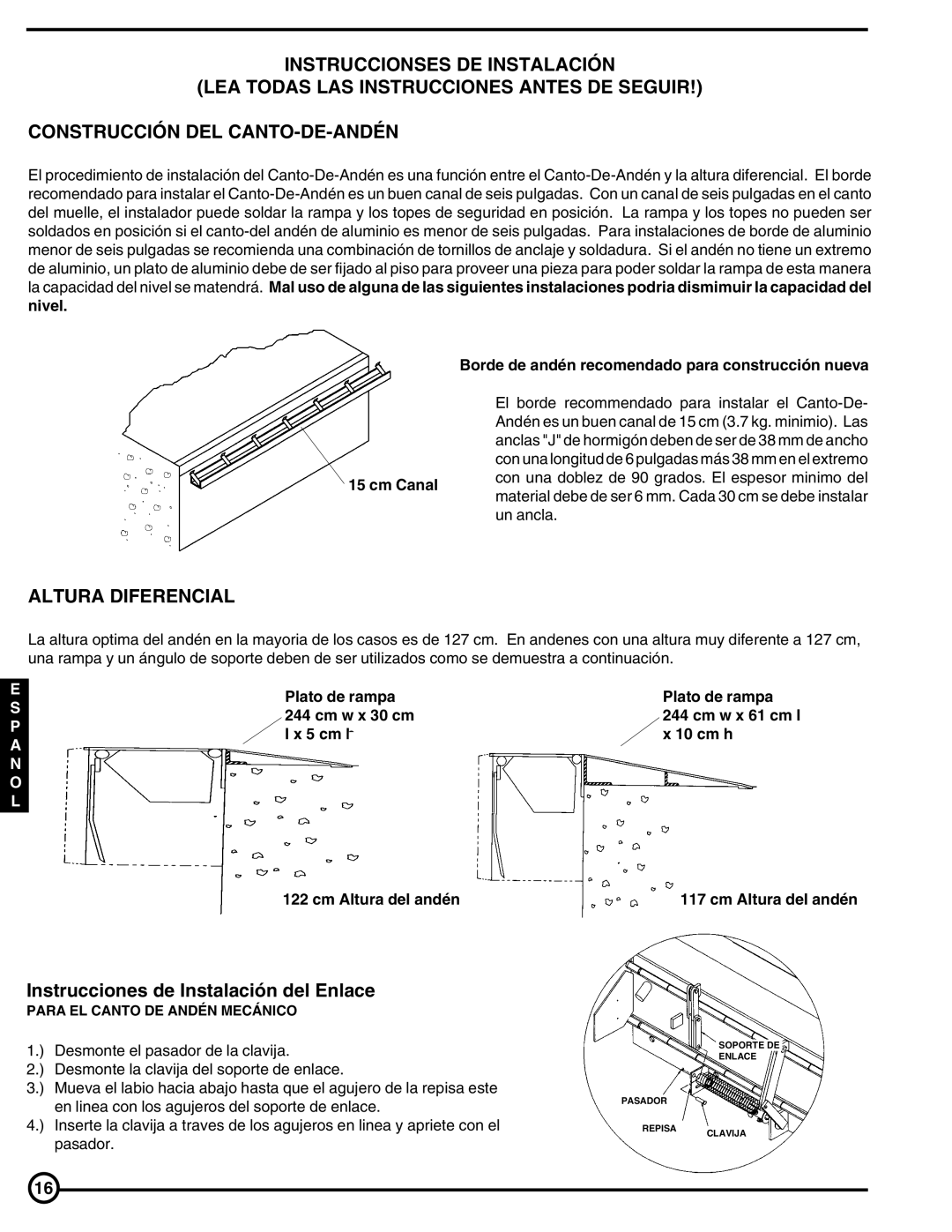 Skil FM Series, PP Series, PE Series Altura Diferencial, Instrucciones de Instalación del Enlace, Cm Altura del andén 